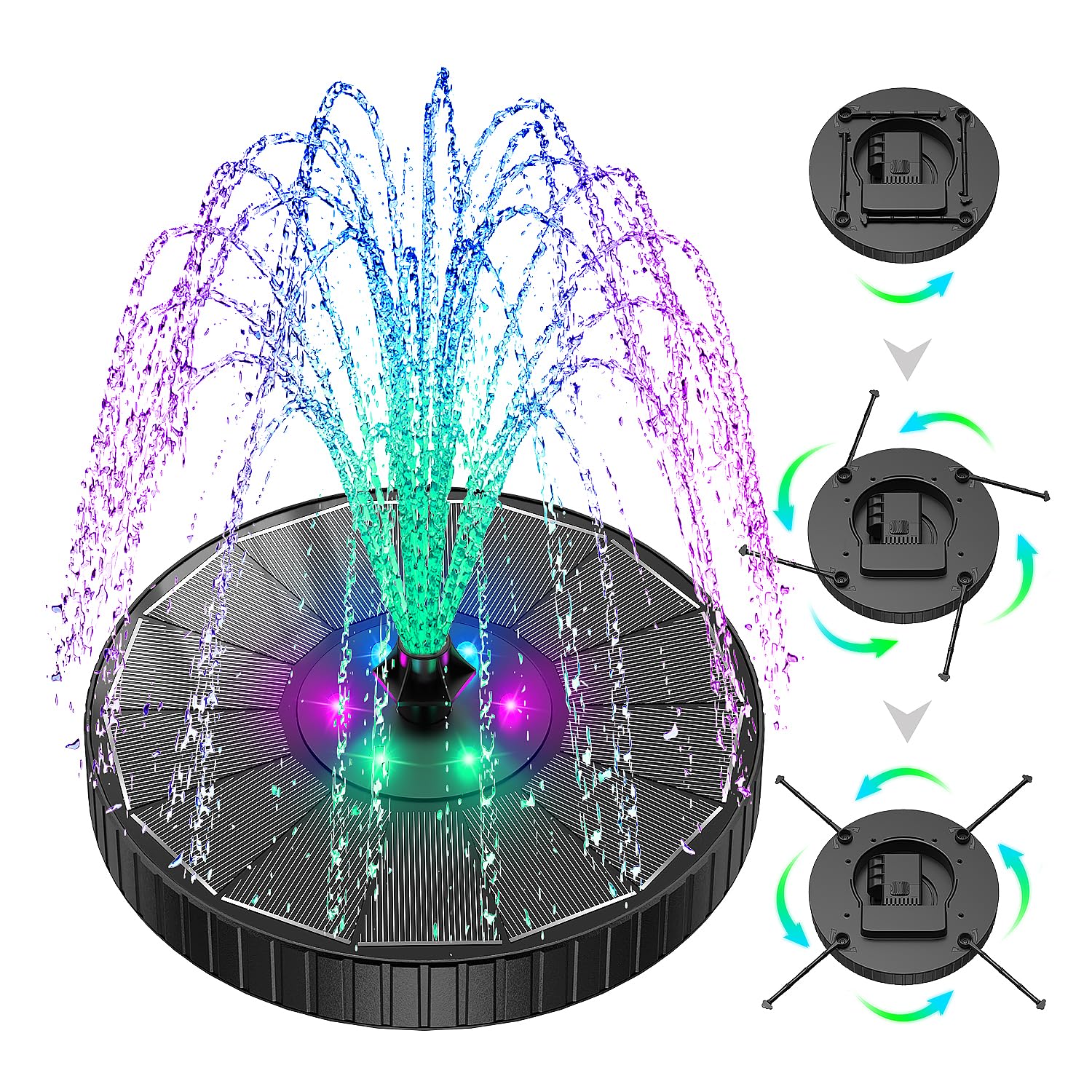 SZMP Fuente Solar Colorido Led, 3.5W Bomba de Agua Solar Vidrio, 3 Modos de Ajuste de Altura de Agua, 2000mAh Batería, 7 Boquillas & Varillas Giratorias Fuente para Estanque para Jardín (Negro)