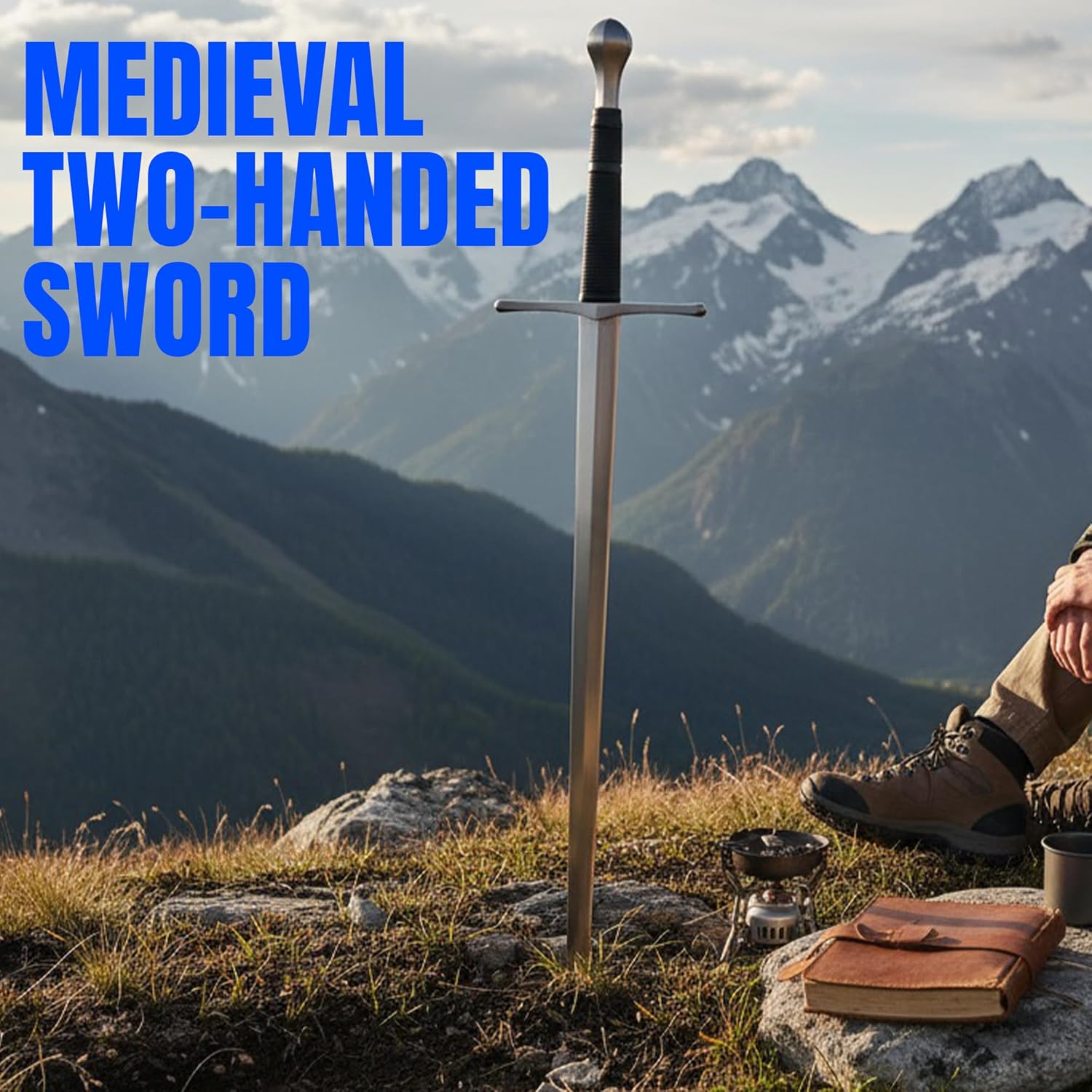 SZCO 47″ Medieval Two-Handed Sword – Real Swords for Adults with 36″ Carbon Steel Blade, Leather-Wrapped Handle & Scabbard for Display - Image 4