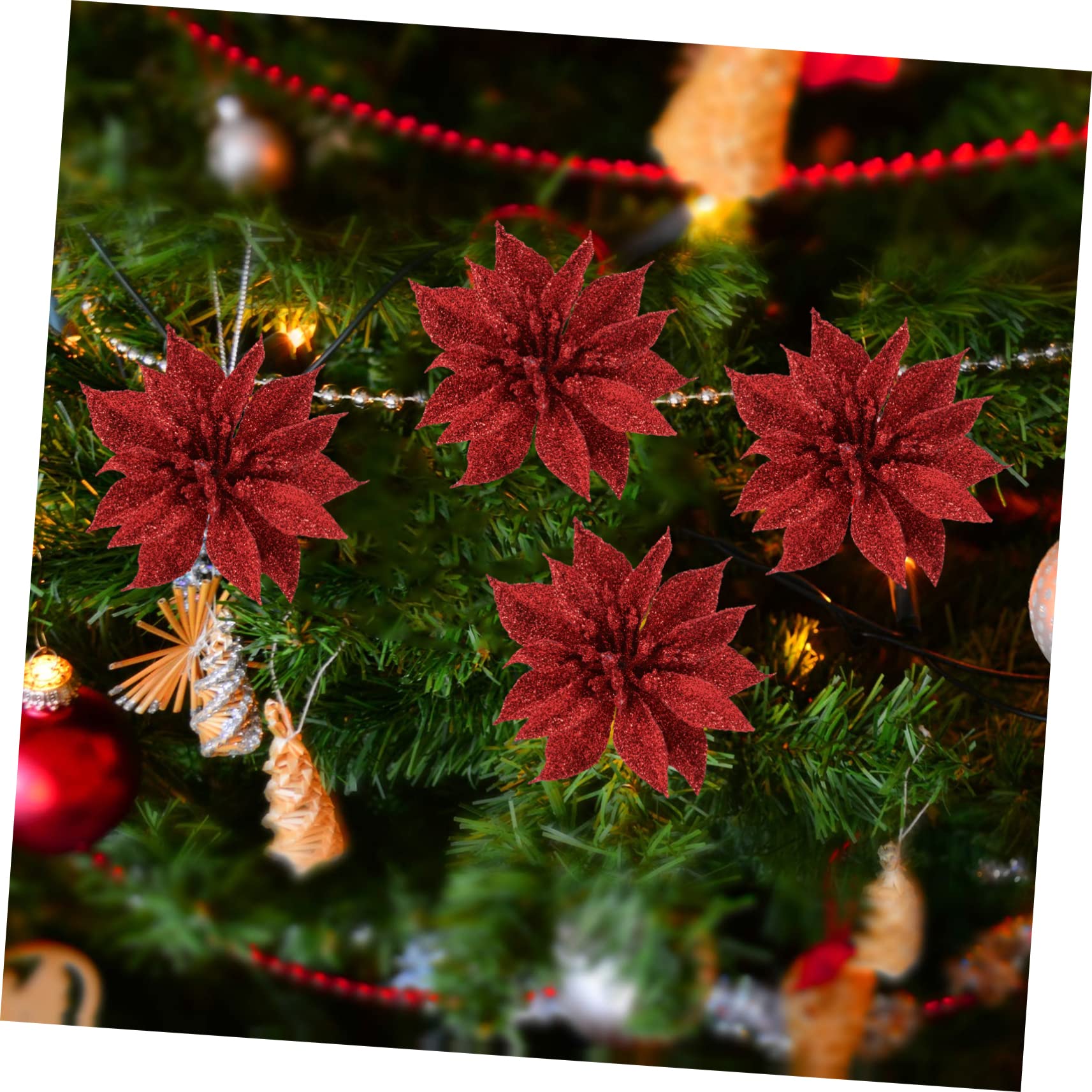 Pendentif De Noël Fleur en Tissu Rouge Paillettes 12 Pièces Décoration d'arbre De Noël Intérieure Et Extérieure Fournitures De Fête
