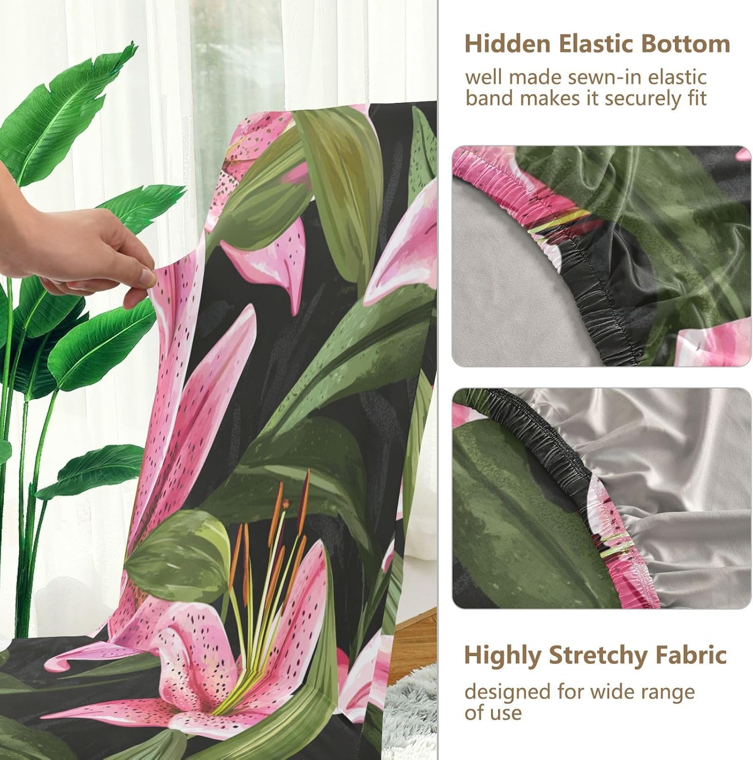 ALAZA Chair Covers for Dining Room, Beautiful Pink Lilies Flower Stretch Chair Cover Sets Chair Protector Removable Washable for Ktichen Restaurant Hotel