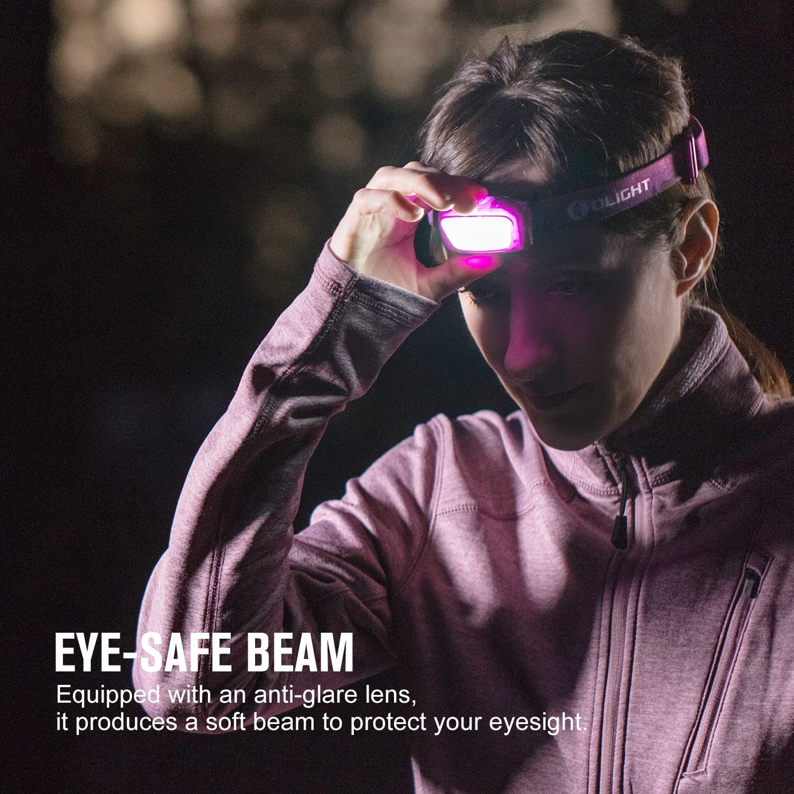 OLIGHT H05 Lite Lampe frontale LED, lampe frontale légère à 5 modes avec bandeau réglable, alimentée par 2 piles AAA, équitation (rose)