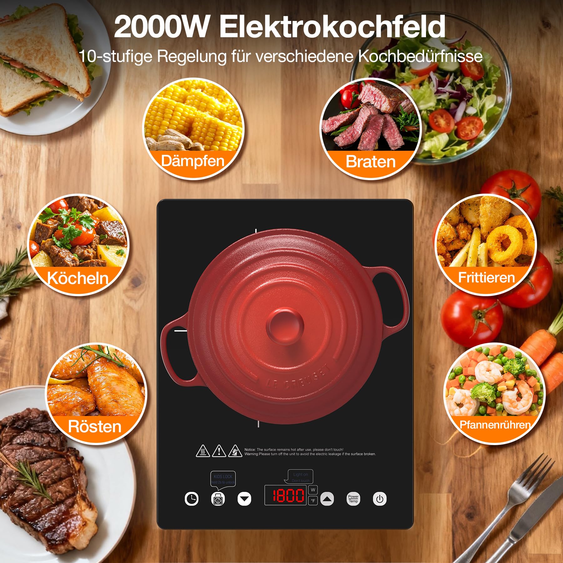 Elektrische Kochplatte 2000W Glaskeramik Einzelkochplatte 10 Leistungsstufen Timer Kindersicherung