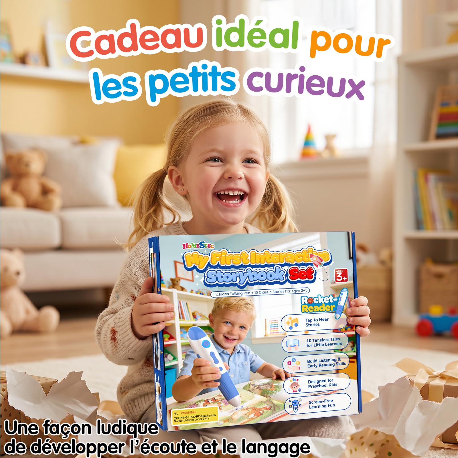 Stylo Audio Interactif avec 10 Livres d’Histoires en Anglais, Livres Sonores à Toucher, Histoires Audio pour Enfants, Jouet Éducatif sans Écran, Rechargeable USB-C