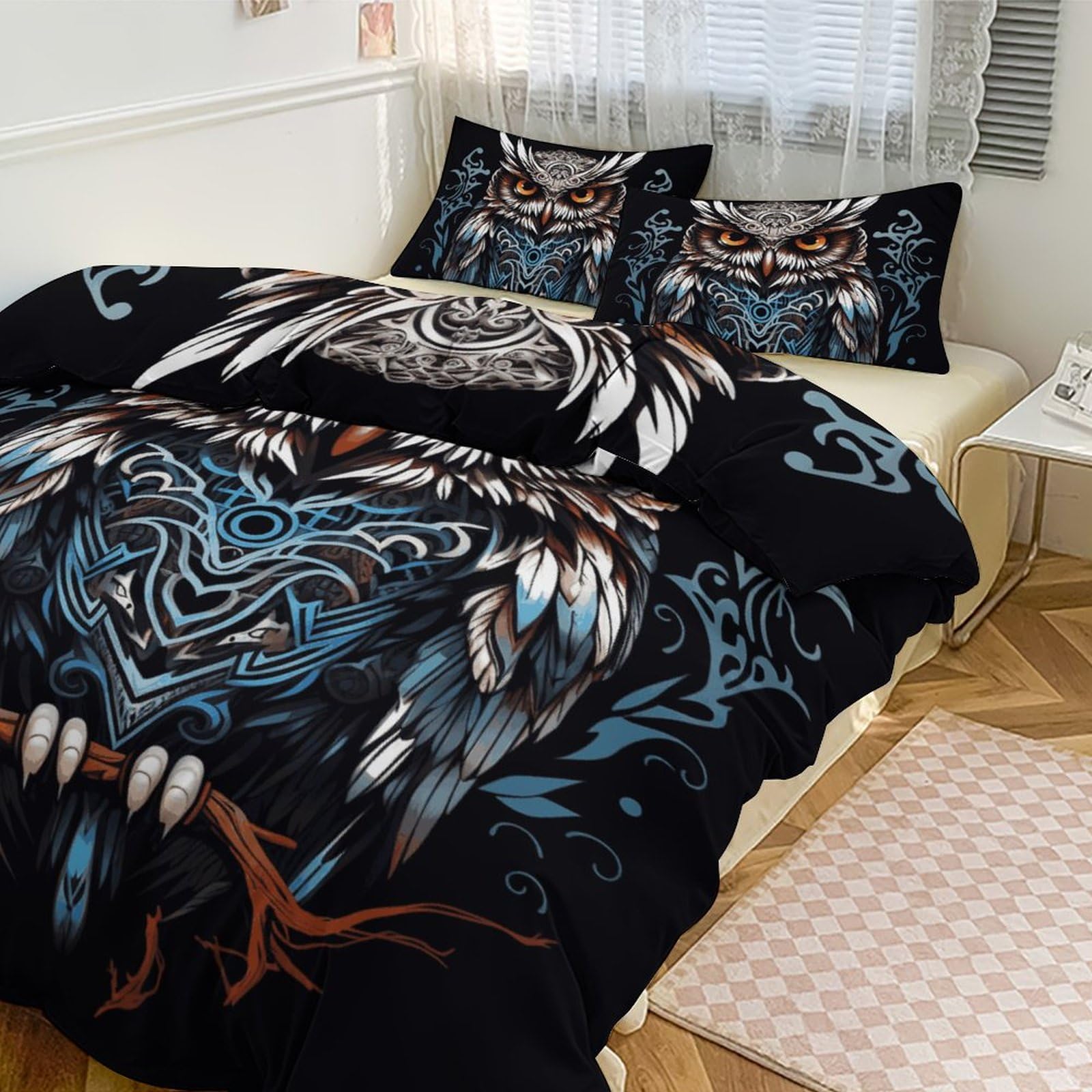 Parure de lit 3 pièces pour grand lit motif hibou mignon 259x228 cm