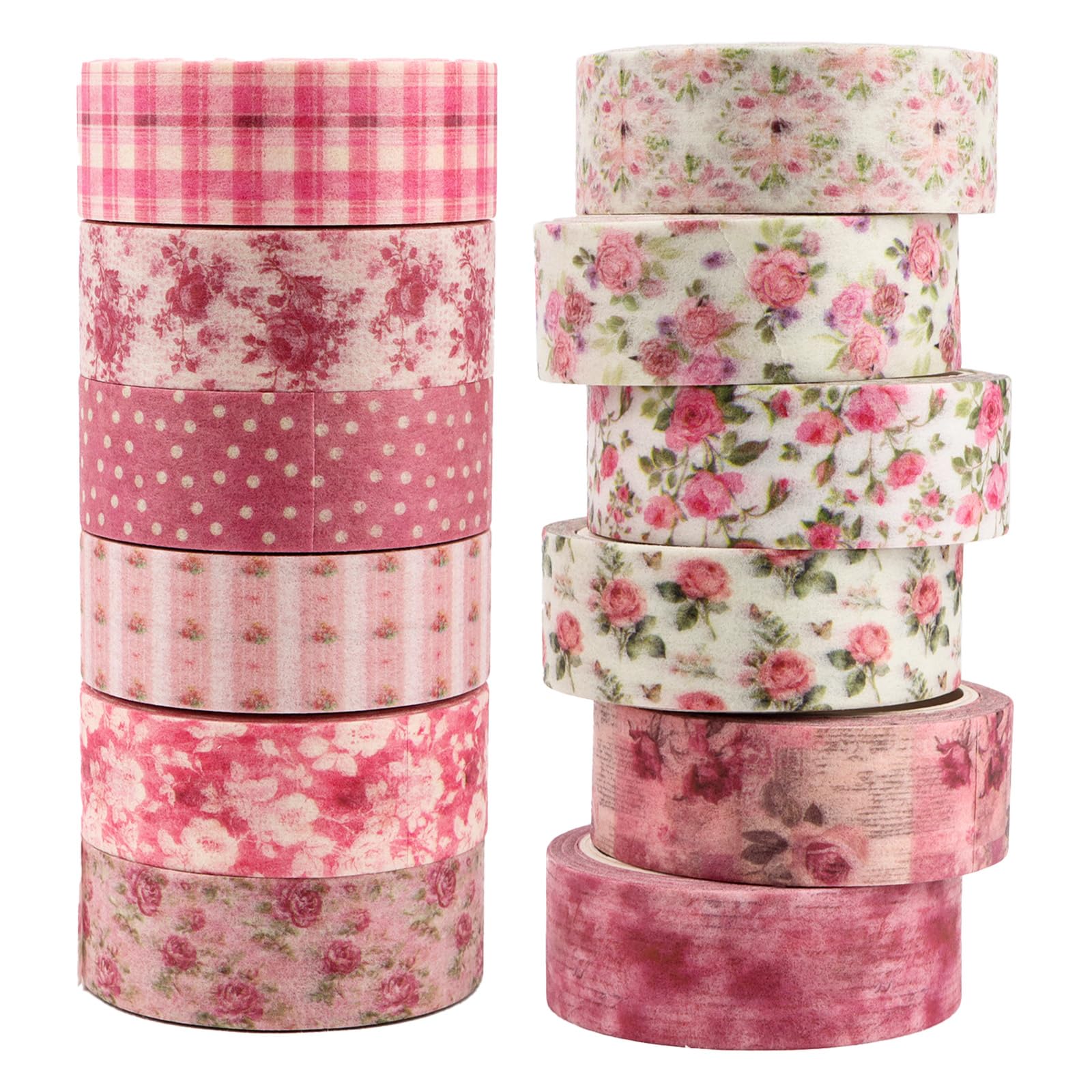 Padorul 12 Rolls Pink Rose Floral Washi Tape Set, Vintage Plaid & Polka Dot Decorative Masking Tape for Scrapbooking, Journaling, Crafting, Gift Wrapping, DIY Projects