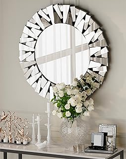 Artloge Round Decorative Mirror Wall: 32 inch Large Silver Vanity with Beveled Glass Frame Edge and Back for Modern Home M...