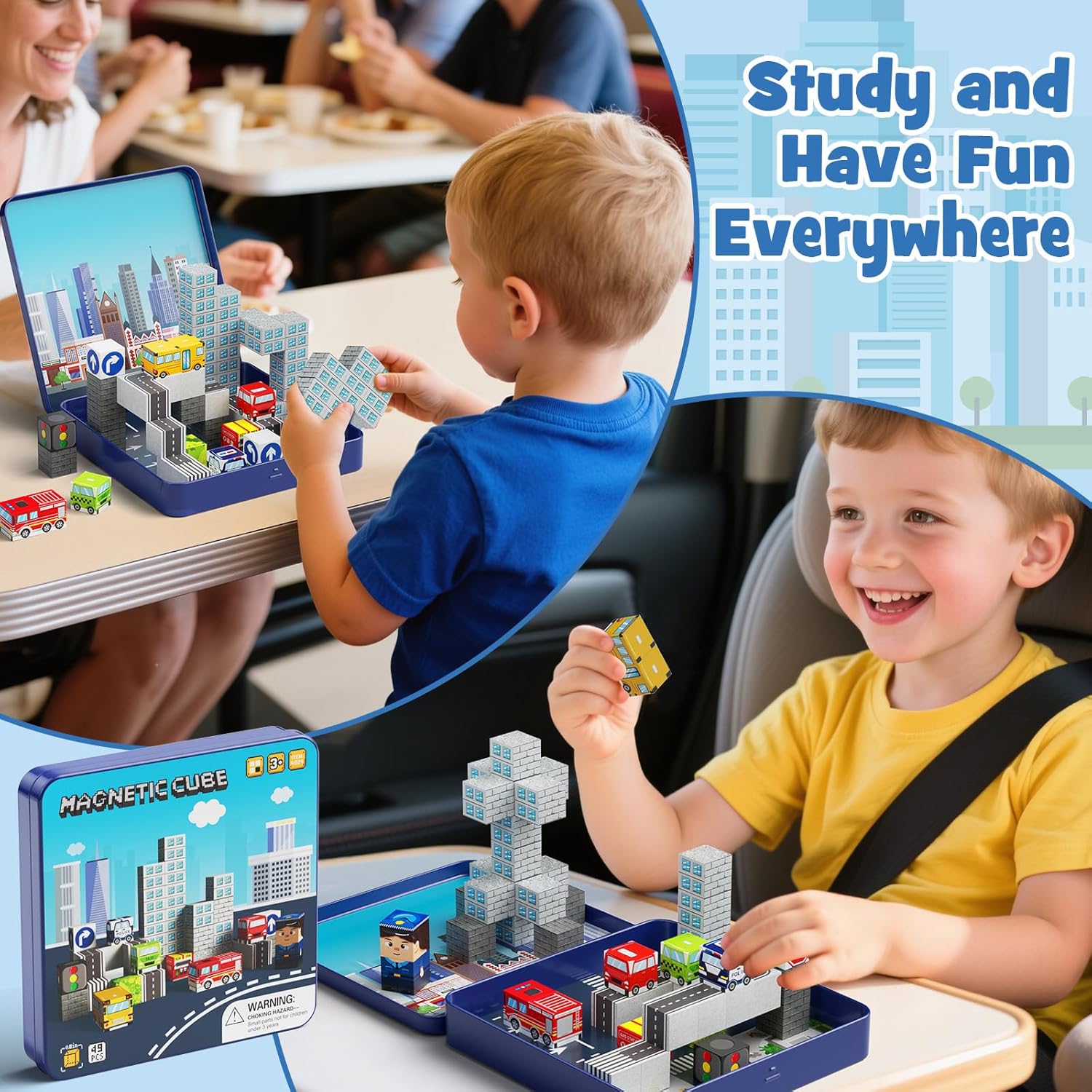 City Traffic Magnetic Blocks Set,Child-Safe STEM Toys with Fully Encased Magnets Non-Toxic & Choking-Proof Travel Learning Gift for Ages 3-8 Car/Airplane Toddler Toy Birthday (49 PCS)