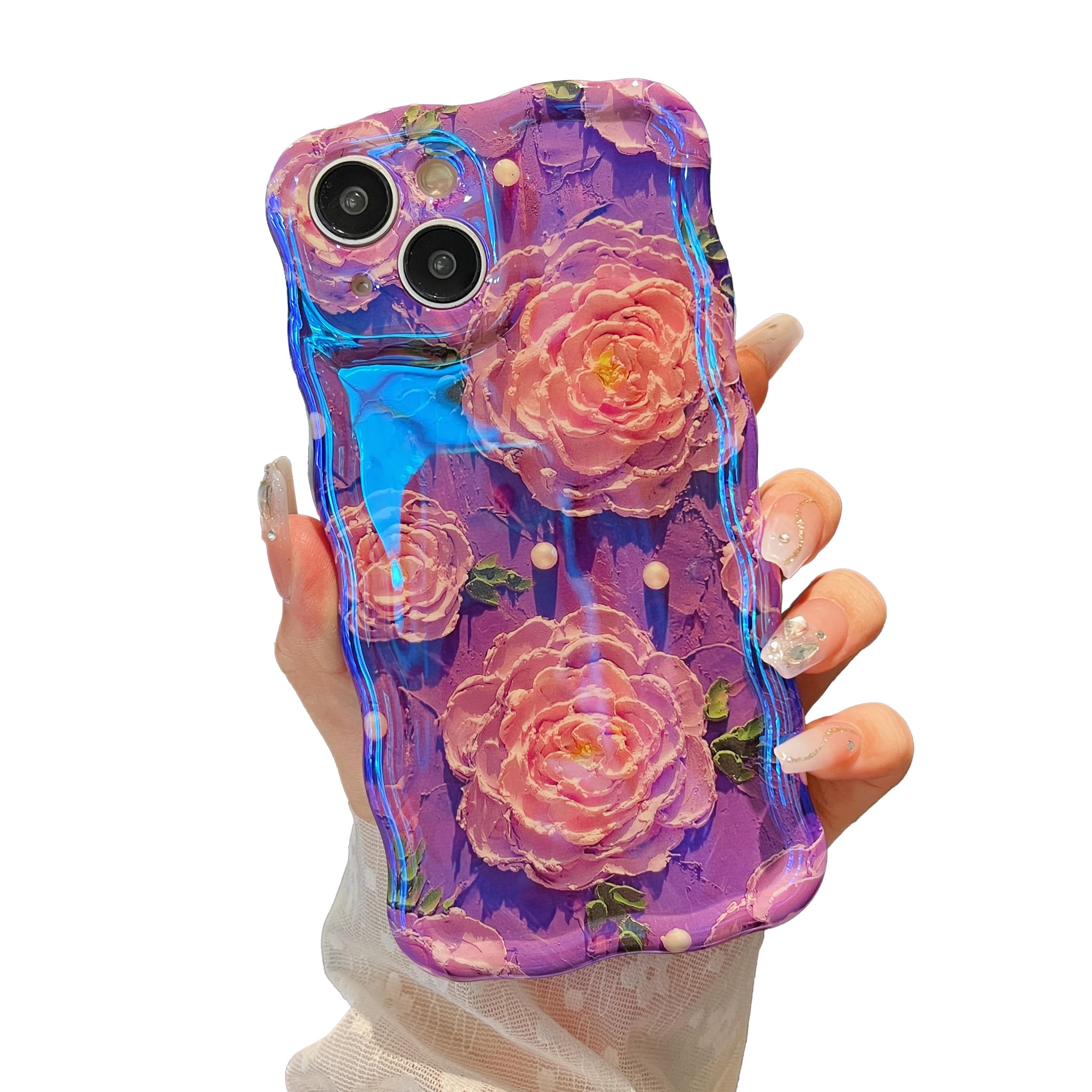 XIZYO Case for iPhone 14 Plus/15 Plus, Colorful Retro Oil Painting Flower Cute Floral Aesthetic Curly Wave Frame Laser Glossy Reflective Exquisite