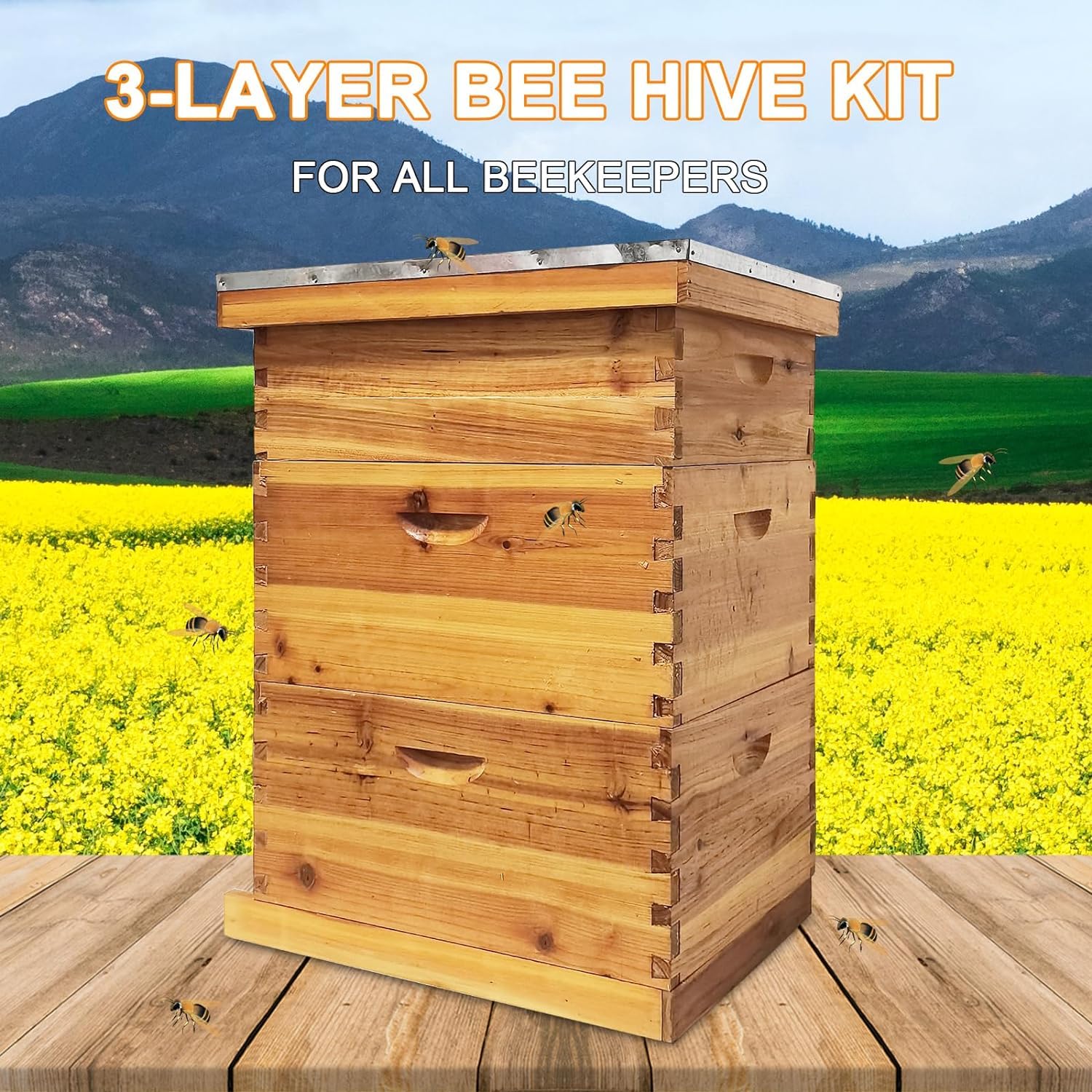 3-Layer Bee Hive, Beehive Kit Langstroth Bee Hive Coated with 100% Beeswax, Includes 2 Deep Bee Boxes, 1 Medium Bee Hive Super for Beginners (No Frame)