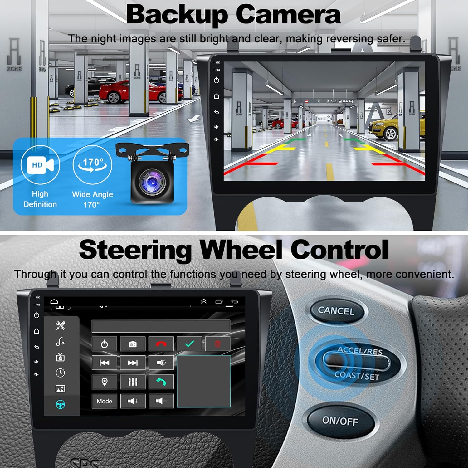 Car radio displaying backup camera view and steering wheel control interface