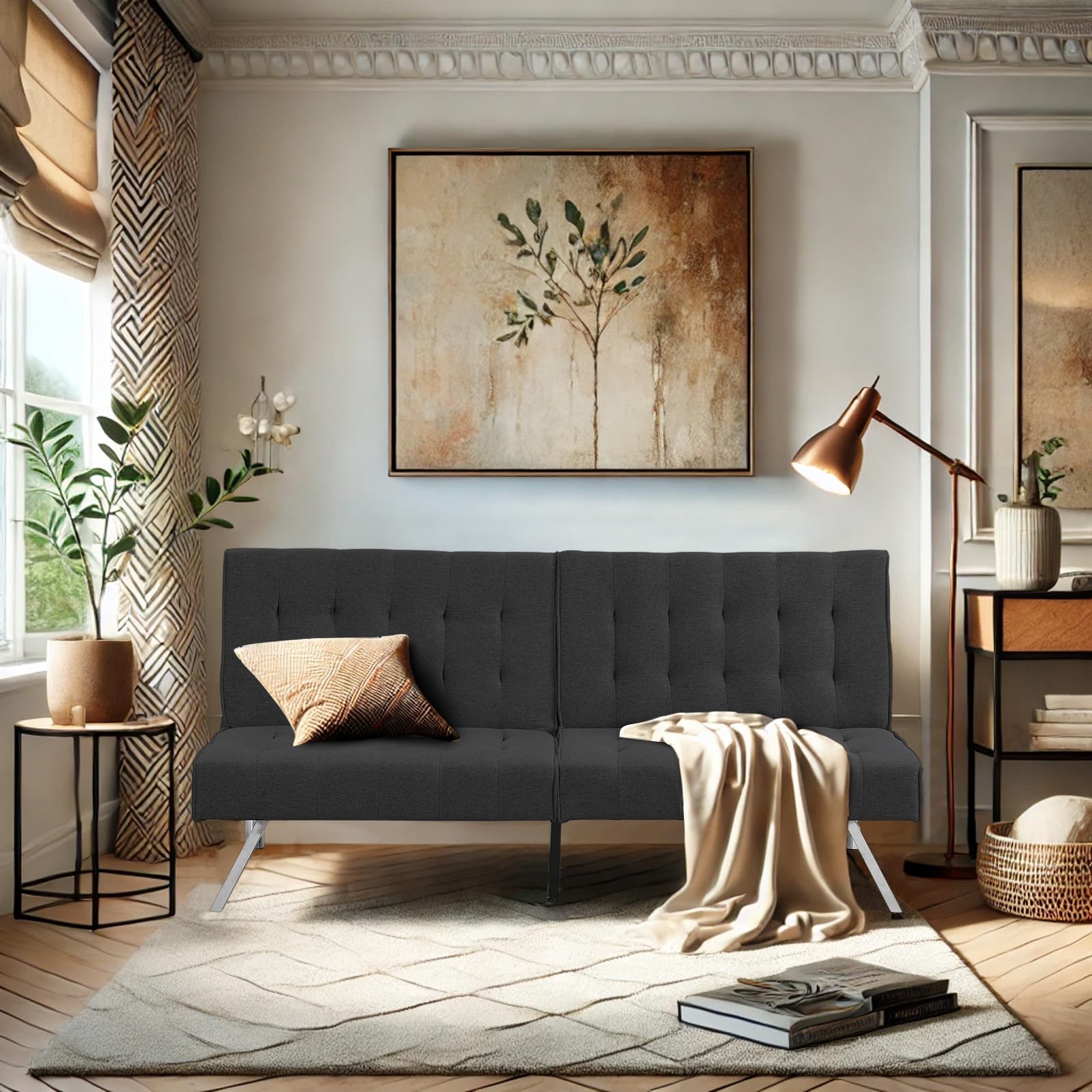 Convertible Sofa Bed Adjustable Couch Sleeper - Fabric Loveseat Futon Bed with Breathable Chenille, Metal Legs, and Adjustable Lounge - Perfect for Compact Living Space