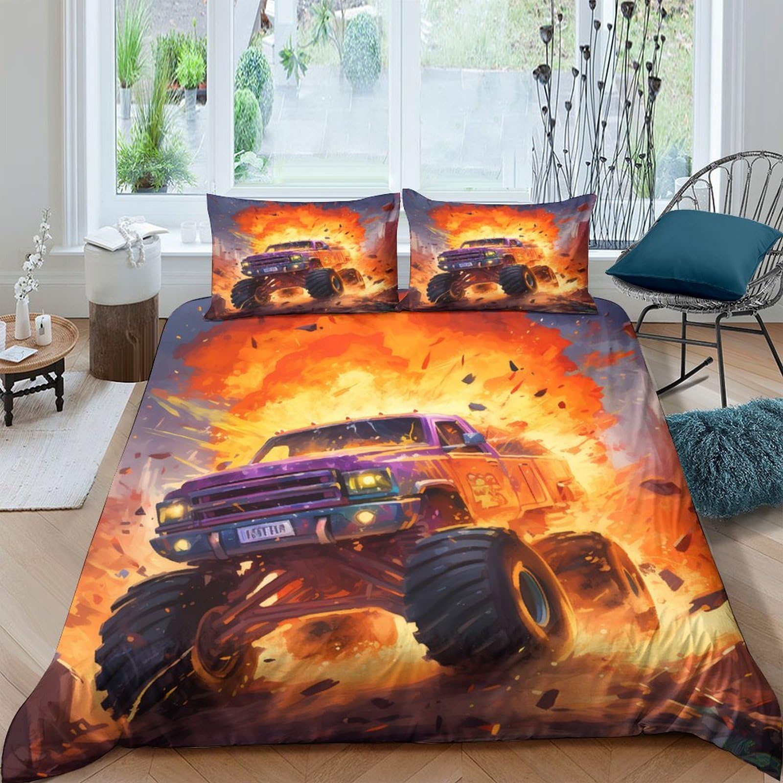 Ctjqhvkz Style-2 3D Printed Monster Truck Fire Fitted Sheet Microfiber Orange Bed Sheet For Bedroom Decor Mattress Protection Single（135X200cm）