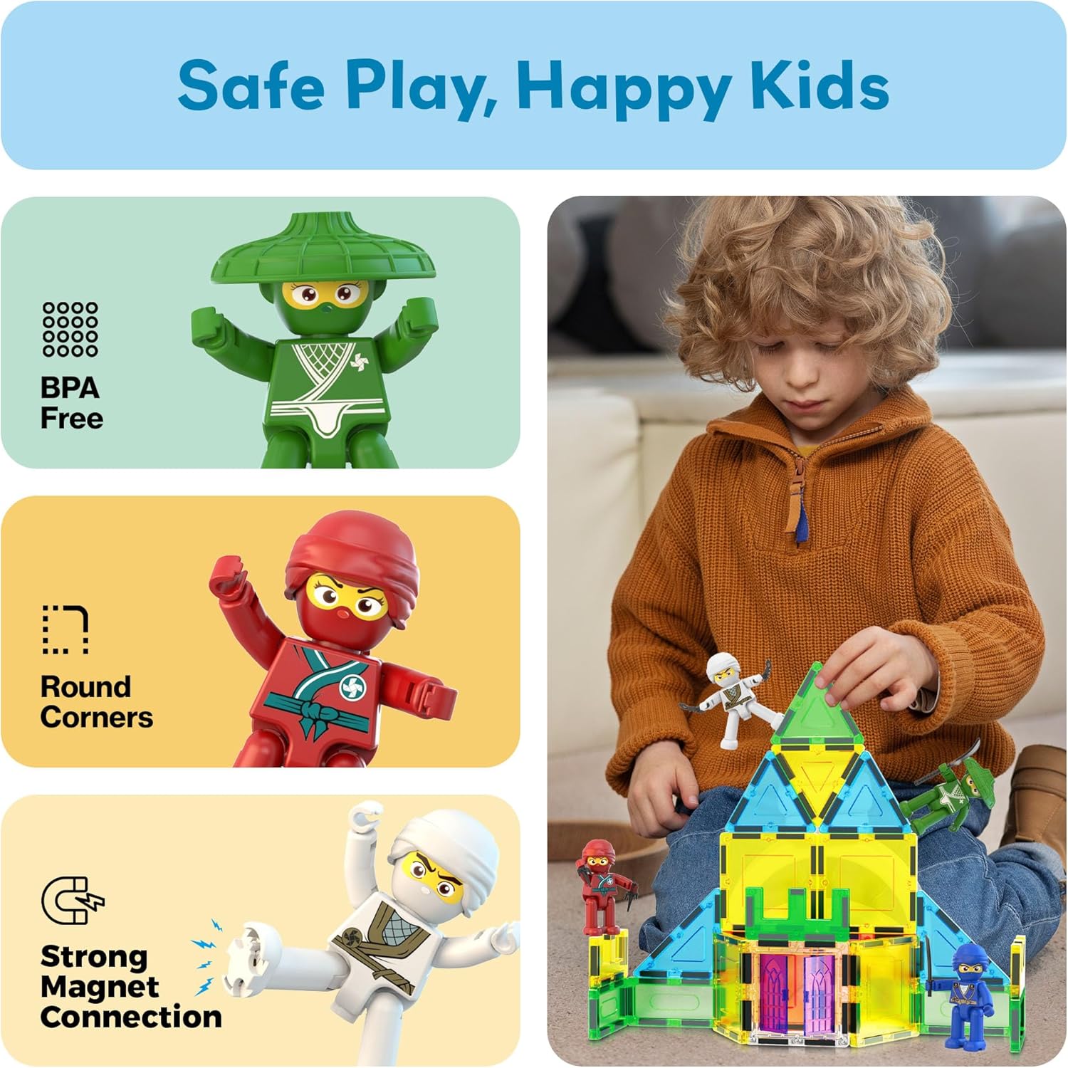 PicassoTiles Ninja Action Characters for Magnetic Tiles Building Block Toy Sets Accessory Add On Kit for Magnet Tile Playsets for Toddlers Boys Girls Ages 3+ Pretend Play STEM Educational Toys PTA14