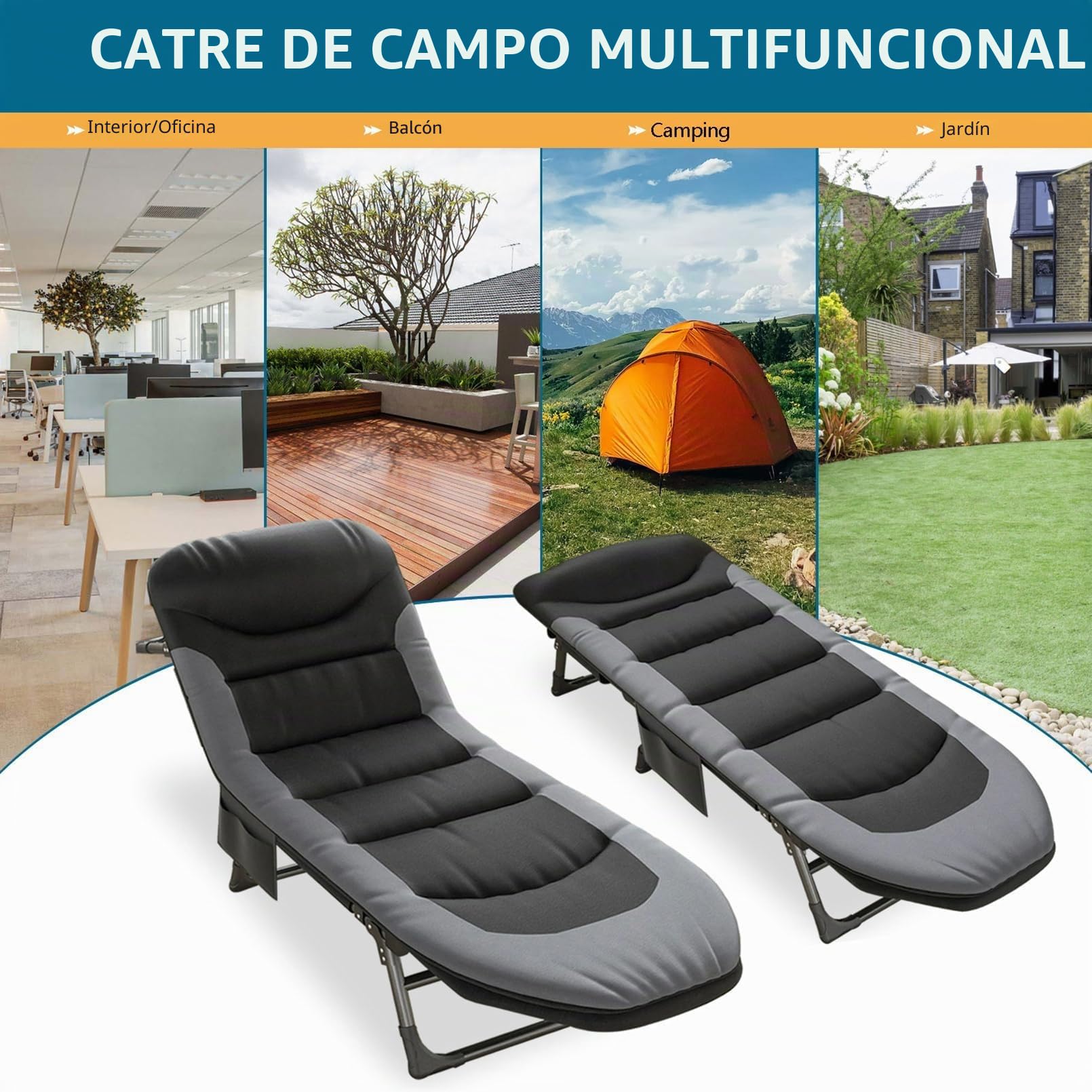 Cama Ultraligera Camping con Bolsillos Laterales, Cama Camping Plegable con Colchon, Respaldo Ajustable en 6 Posiciones, 180 x 65 x 30 cm, Cama de Exterior para Camping y Jardín (Negro)