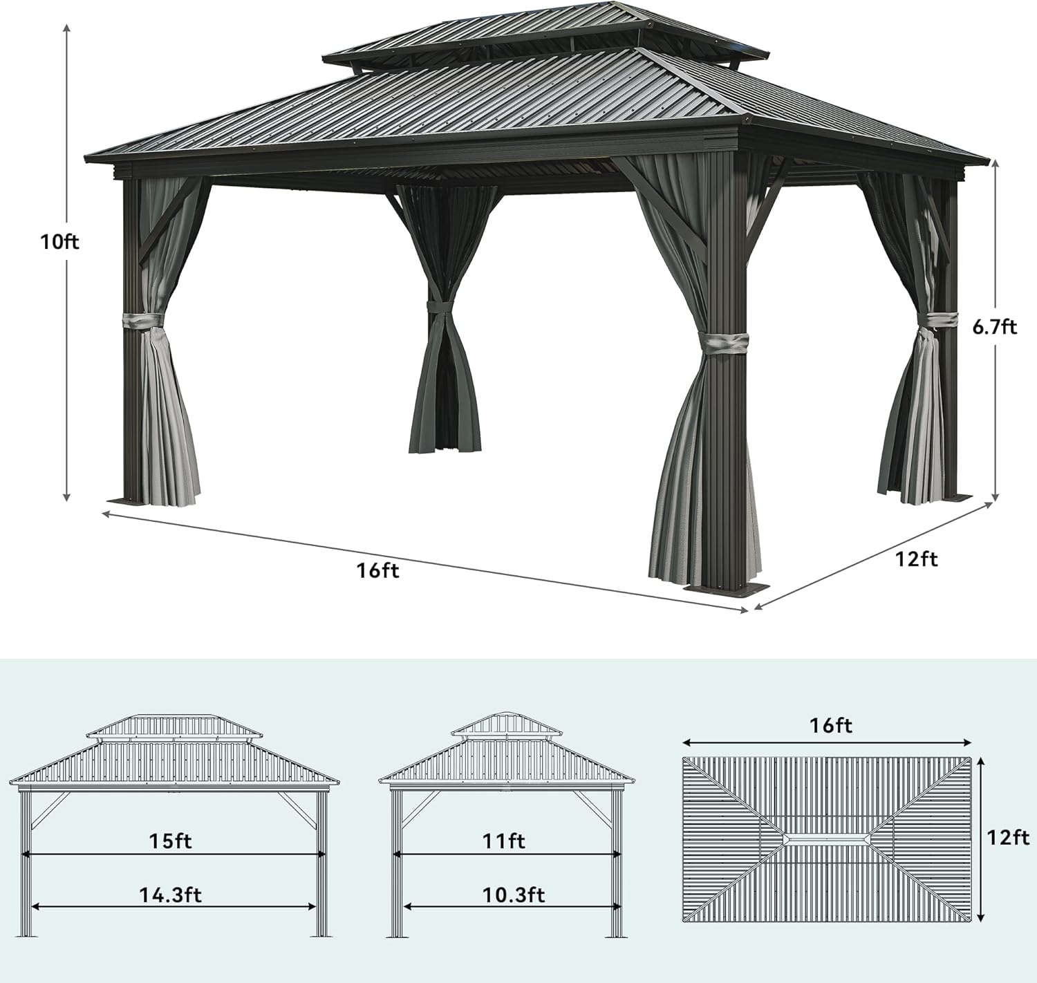 YITAHOME 12x16ft Metal Hard top Gazebo with Nettings and Curtains Double Roof Galvanized Steel Heavy Duty Outdoor Waterproof Hardtop Gazebo for Patio, Backyard, Deck, Lawns, Gray