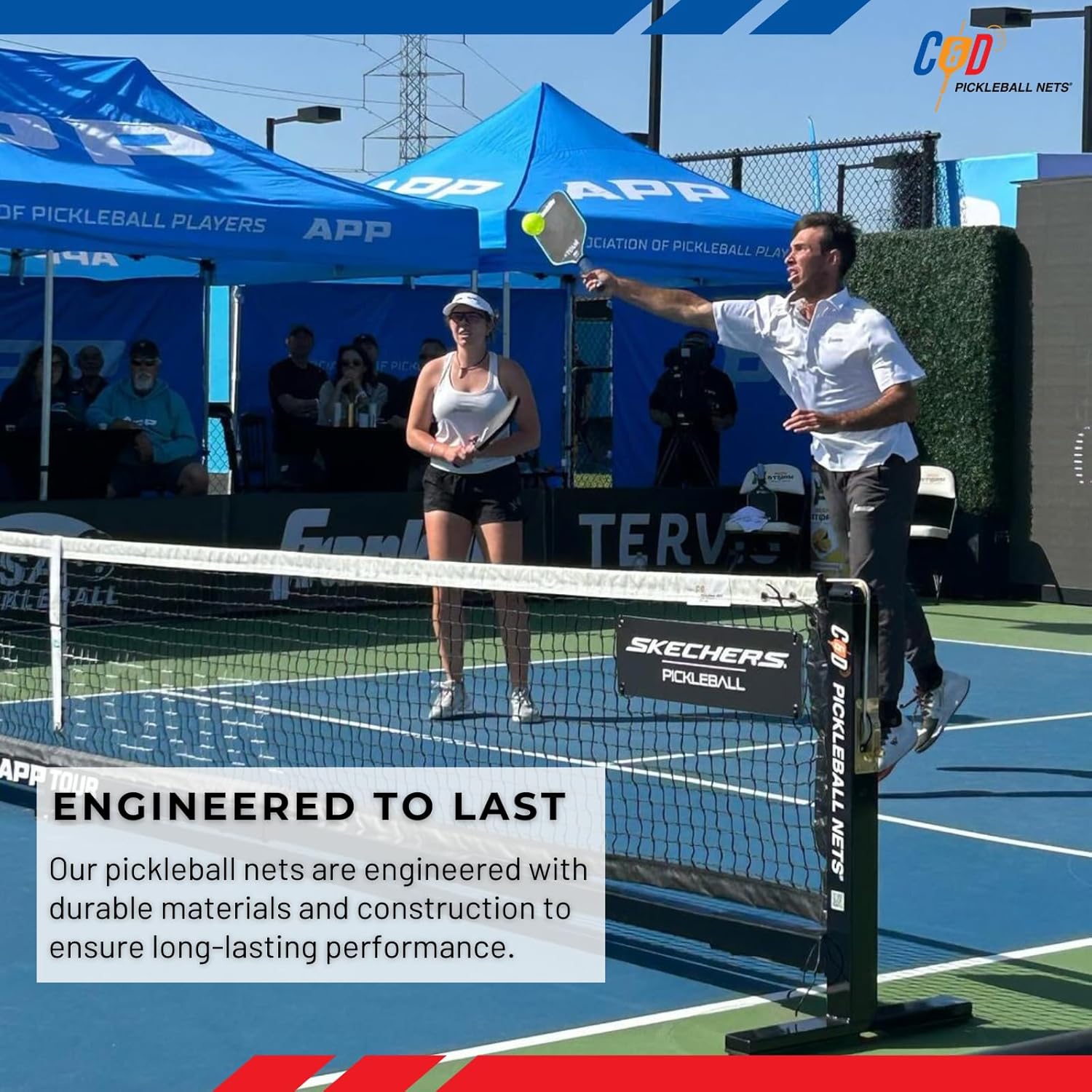 C & D Pickleball Nets Flat Base Championship Net with Heavy Duty Steel Frame, Adjustable Tension, Indoor/Outdoor Use, 10-Year Warranty, Net