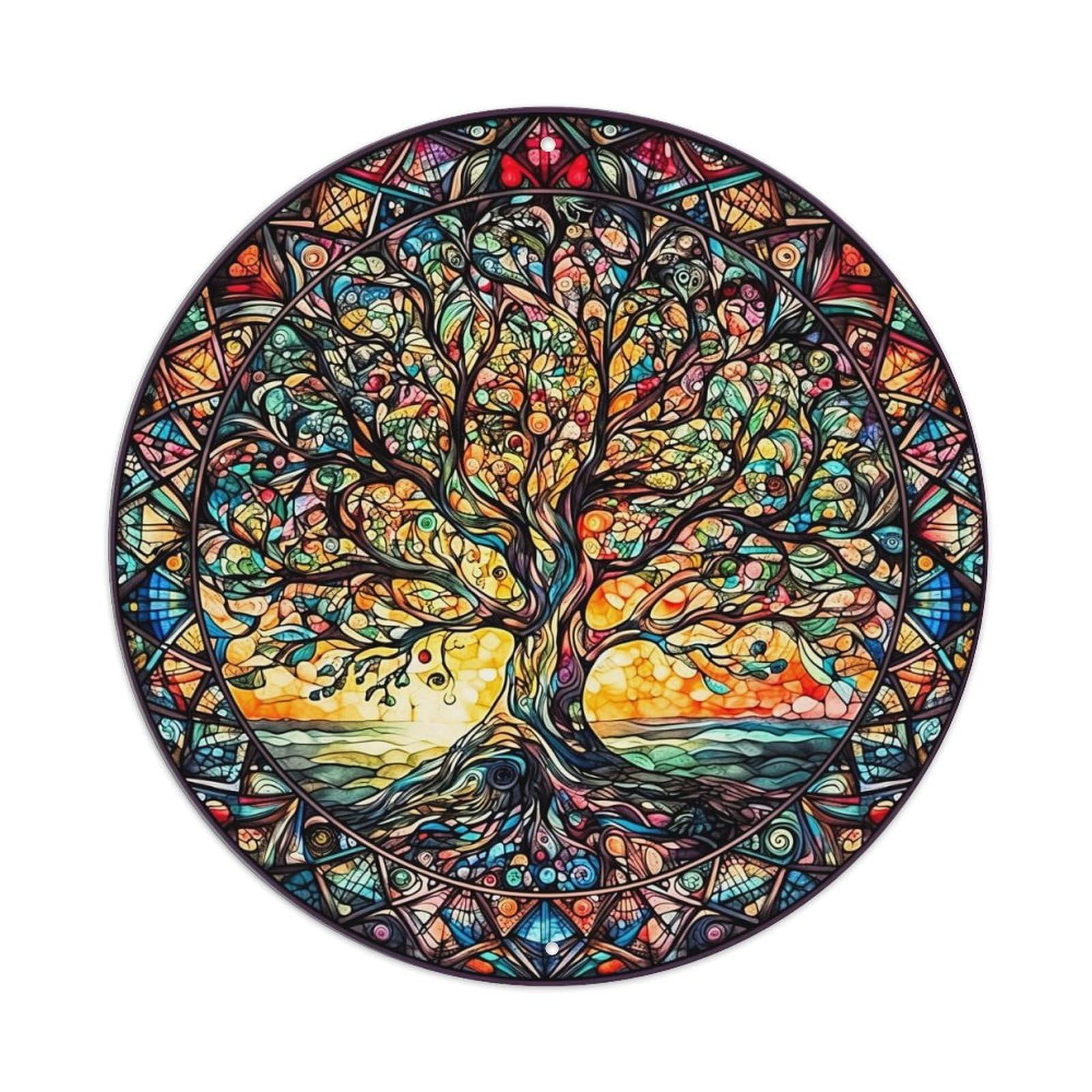 Stained Glass Tree Of Life_1 Vintage Metal Tin Sign Retro Wall Decor for Home Bar Garage Cafe, Indoor & Outdoor Decorative，circle Metal Poster, 8x8 Inch