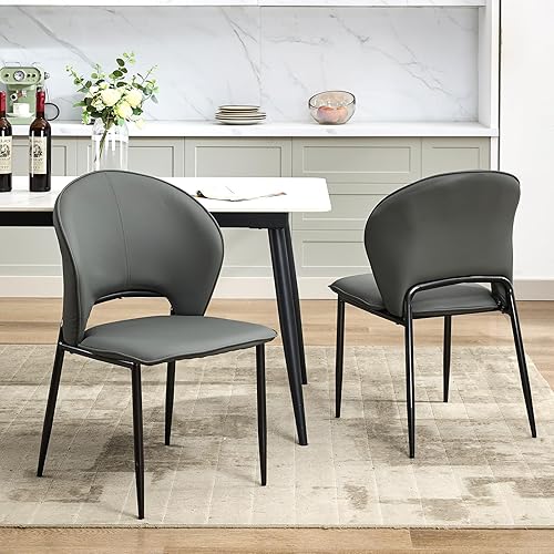 Juego de 2 sillas de comedor modernas de mediados de siglo con patas de metal, silla decorativa de piel sintética con respaldo medio para cocina y