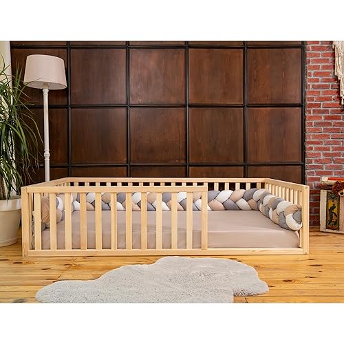 Miniatura 5 de Montessori Floor Bed for Kids 53'' x 27.5'' Crib  Toodlers Floor Bed with Safety Guardrails  Pine Wood Baby Bed  Sturdy Wood Frame Bed for Girls and