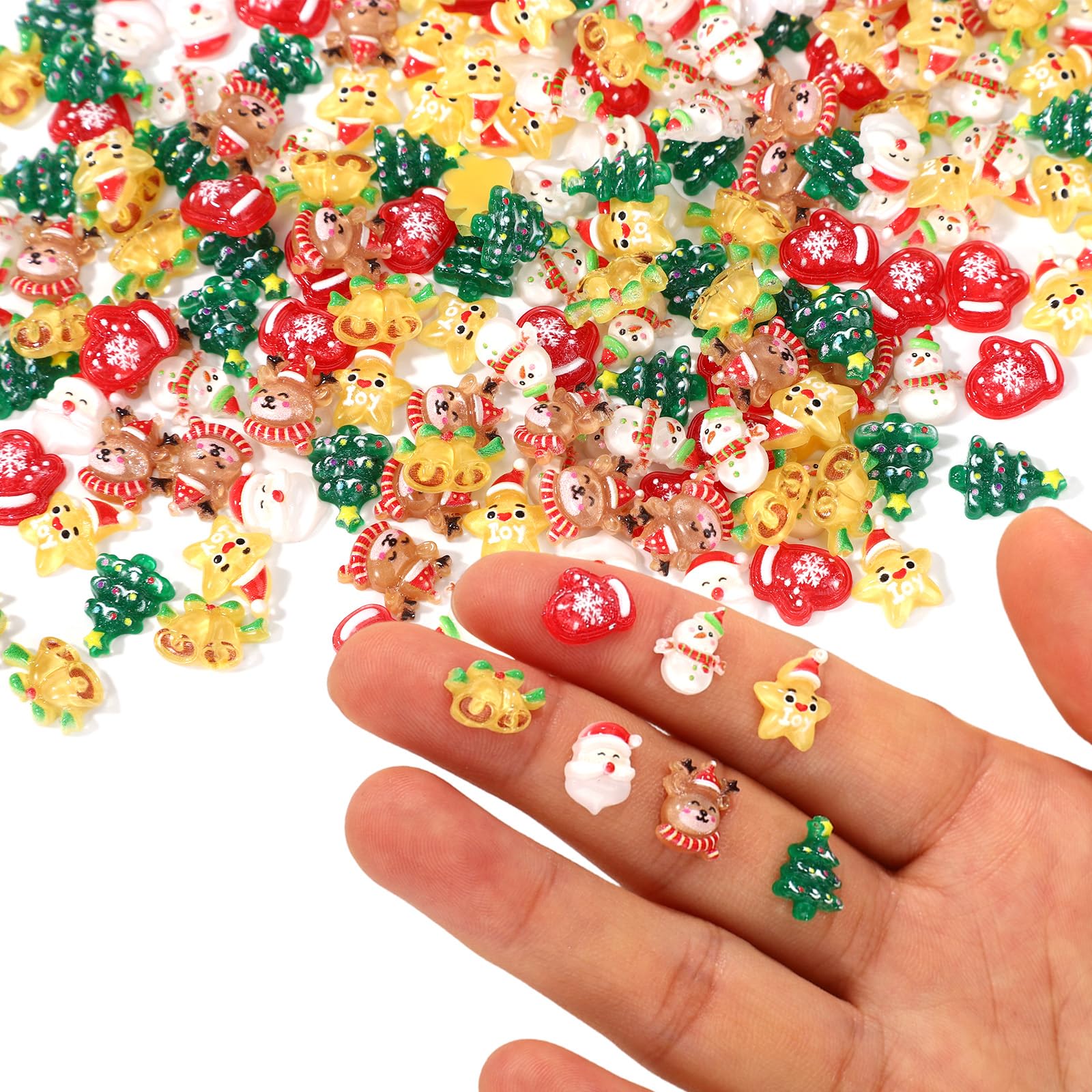 210pcs Mini Christmas Figurines Figures, 7 Styles Resin Miniature Small Tiny Little Christmas Ornaments for DIY Crafts Xmas Tree Dollhouse Decoration (Green, Yellow, Red, White, Brown)