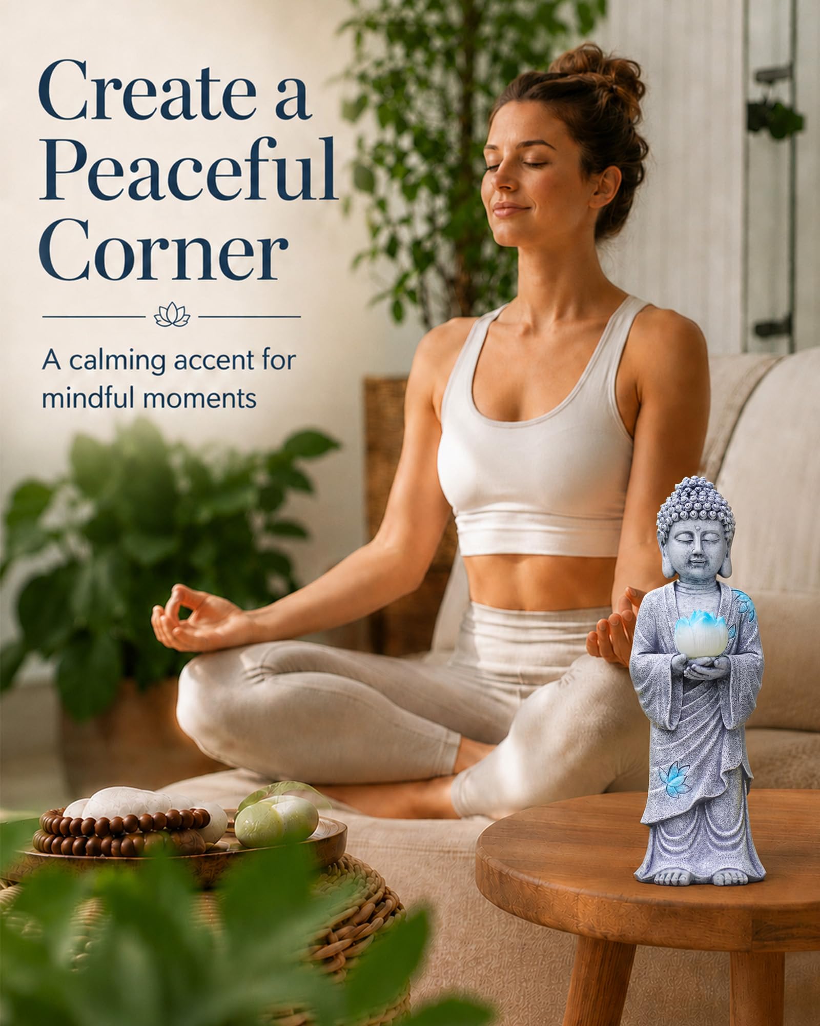 Yeomoo Statua di Buddha in piedi con luce solare LED loto, decorazione da giardino, resistente alle intemperie, decorazione per giardino, soggiorno, Feng Shui, spirituale, regalo per donne, mamma e