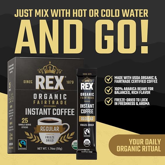 Rex Coffee Organic Fairtrade Instant Coffee Sticks, 100 Count | Freeze-dried Arabica, medium roast, mold, mycotoxin, heavy metal & acrylamide tested, dissolves hot or cold, 1 stick per 8 oz