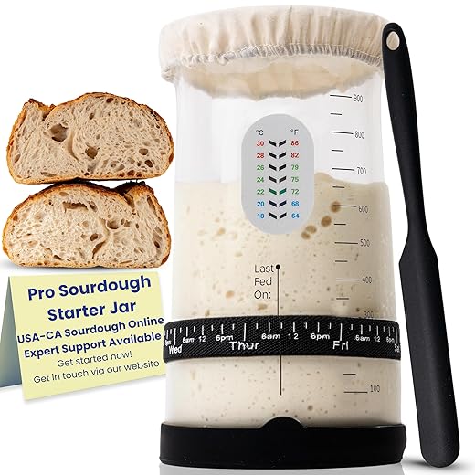 Pro Sourdough Starter Kit -37oz Wide Mouth Sourdough Starter Jar Kit for Bread - Large Glass Sourdough Jar, Feeding Band, Cloth Cover, Spatula & Thermometer–Best Sourdough Bread Kit for Beginners