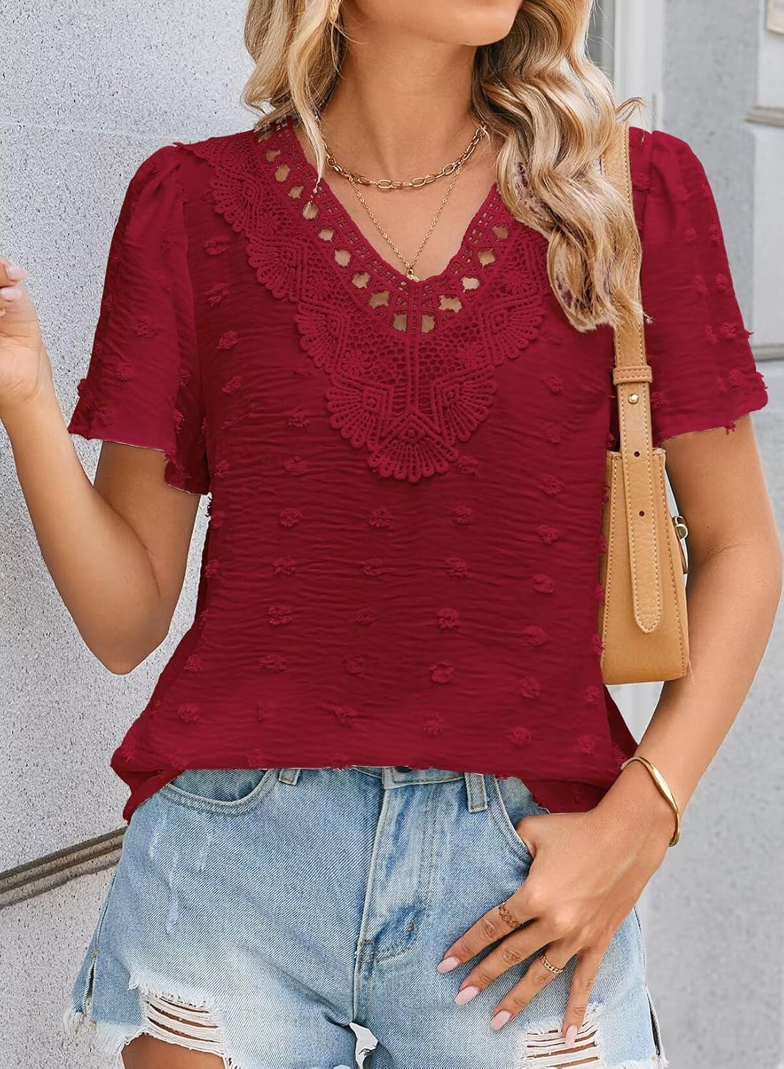 Summer Tops For Women 2026 Boho Swiss Dot Blouses Short Sleeve Shirts Flowy V Neck Casual Peasant Lace Hem Clothing - Image 4