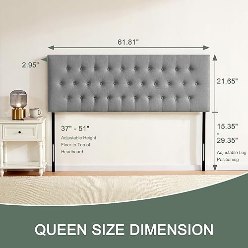 Miniatura 2 de Huatean Home Cabecera tapizada capitoné tamaño Queen, tablero de madera maciza con patas de metal duraderas, cabecera de cama de altura ajustable de