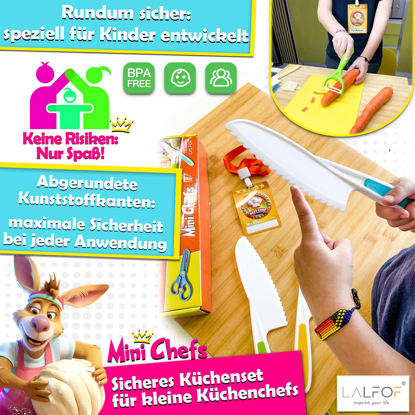 Kindermesser ab 2 jahre | 21 teiliges kinder schneideset mit 3 kinder messer, sparschäler kinder und personalisierbarem namensbadge zum umhängen | motorikspielzeug 2 jahre | kindermesser ab 3 jahre