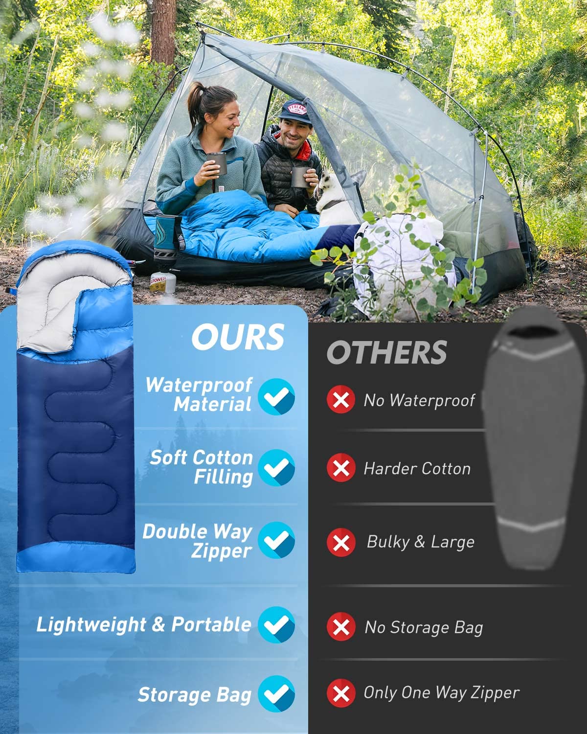 Sac de couchage pour camping – Ultraléger 4 saisons pour une seule personne, chaud et léger, sac de couchage pour camping, léger, imperméable, intérieur et extérieur pour enfants, adolescents,