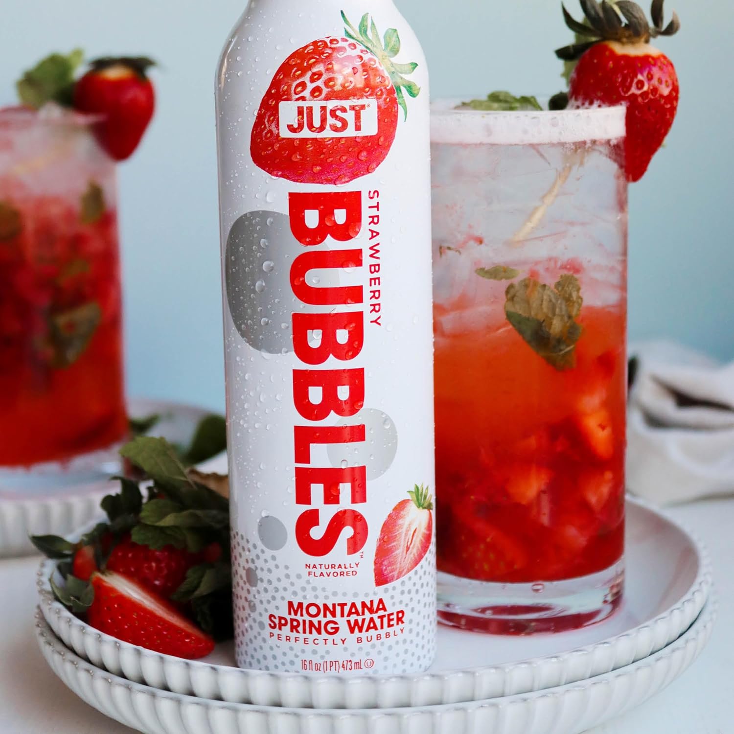 JUST Bubbles Strawberry- Pure Premium Sparkling Spring Water in a Fully Recyclable Reusable Eco-Friendly Bottle - 100% Mountain-Sourced Carbonated Water with Naturally Occurring Minerals, 16 Fl Oz