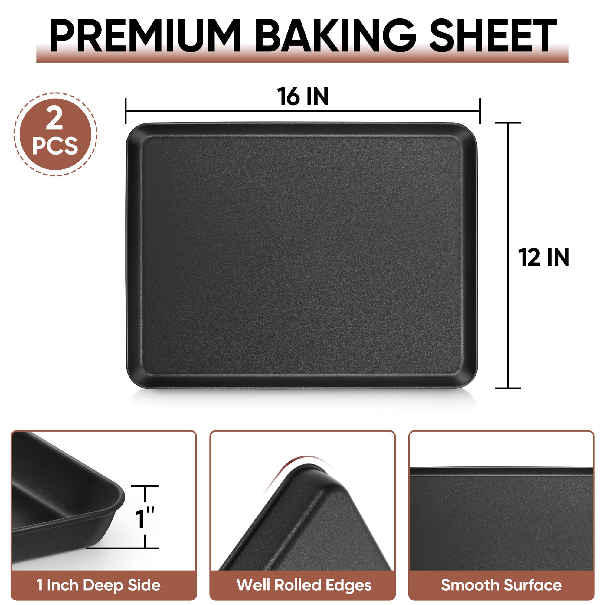 E-far Lot de 2 grandes plaques à biscuits antiadhésives en acier au carbone pour four, résistantes à la chaleur et faciles à nettoyer, 40,6 x 30,5 x 2,5 cm, noir