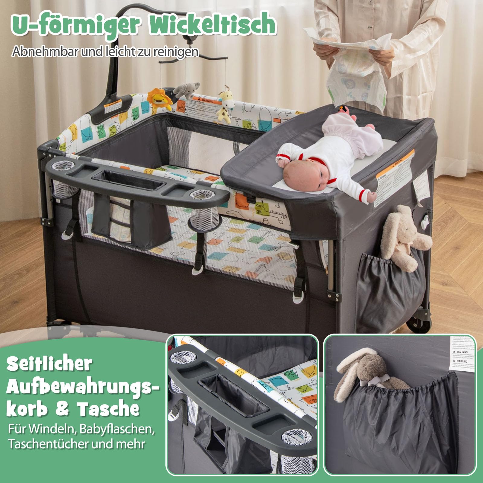 DREAMADE 5 in 1 Reisebett mit Matratze 120 x 60cm, Höhenverstellbar Beistellbett mit Wickeltisch, Spieluhr & Spielzeug, Babybett Babyschaukel für Baby ab Geburt (Grau)