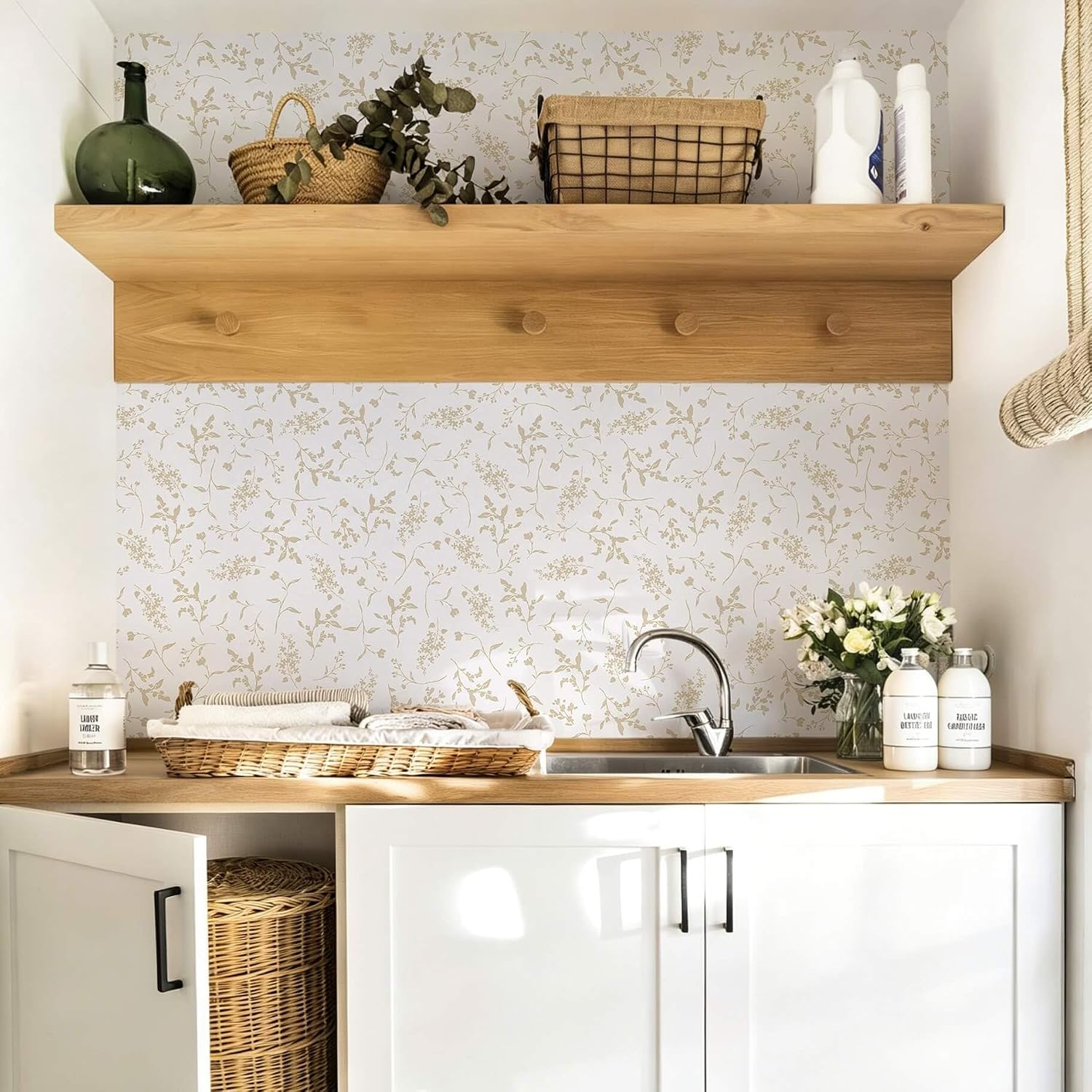Ismoon Floral Wallpaper Peel and Stick Beige Neutral Contact Paper Wildflowers Leaf Stick on Wall Paper Textured Removable Self Adhesive Vinyl Wallpaper for Bedroom Bahtroom Wall Decor 17.3x393in image 2