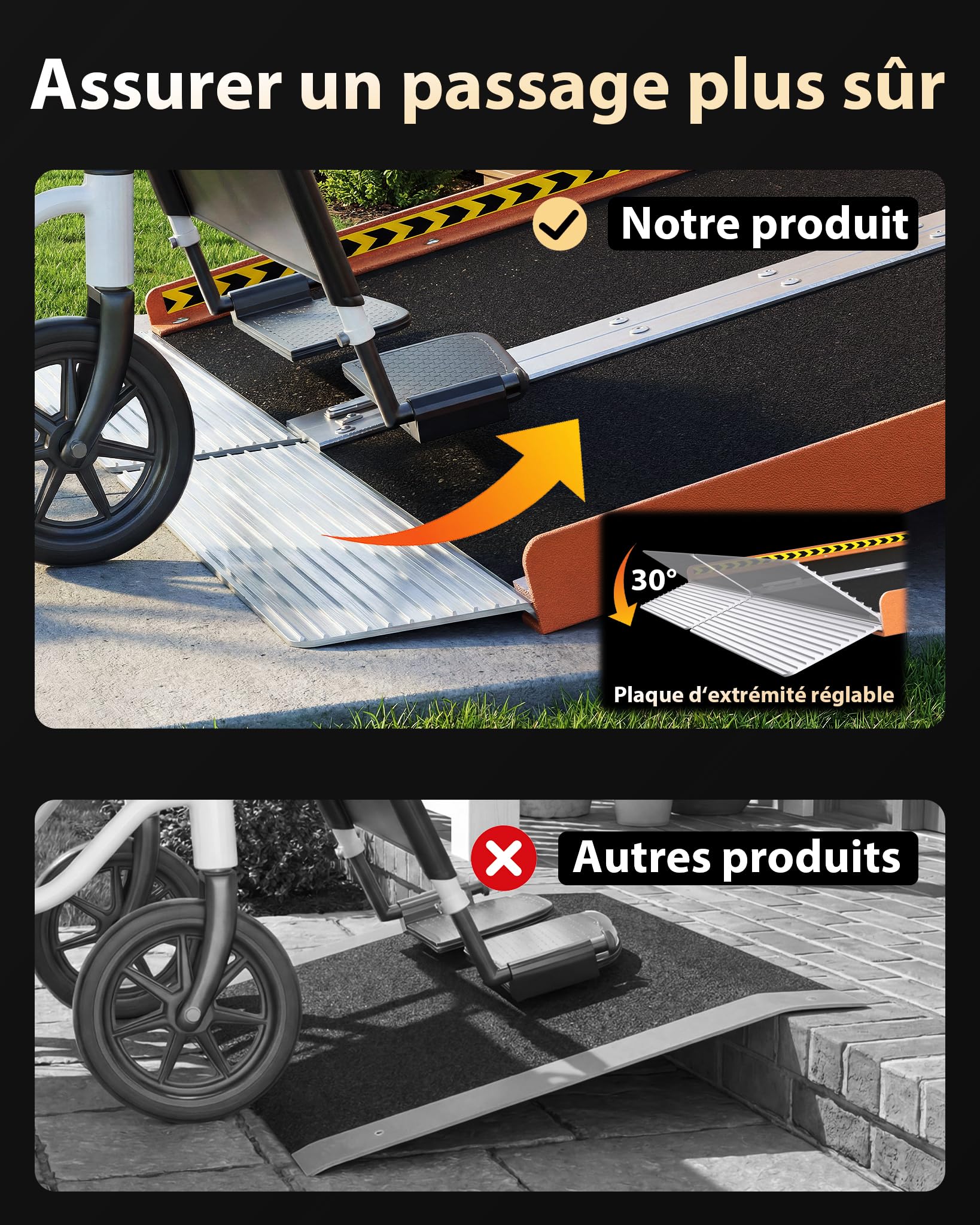 FACHNUO 2 pieds Rampe pour fauteuil roulant pour les marches à domicile, Rampe de seuil pliable portable pour les portes avec fond auto-ajustable, Rampe handicapée en aluminium antidérapant avec