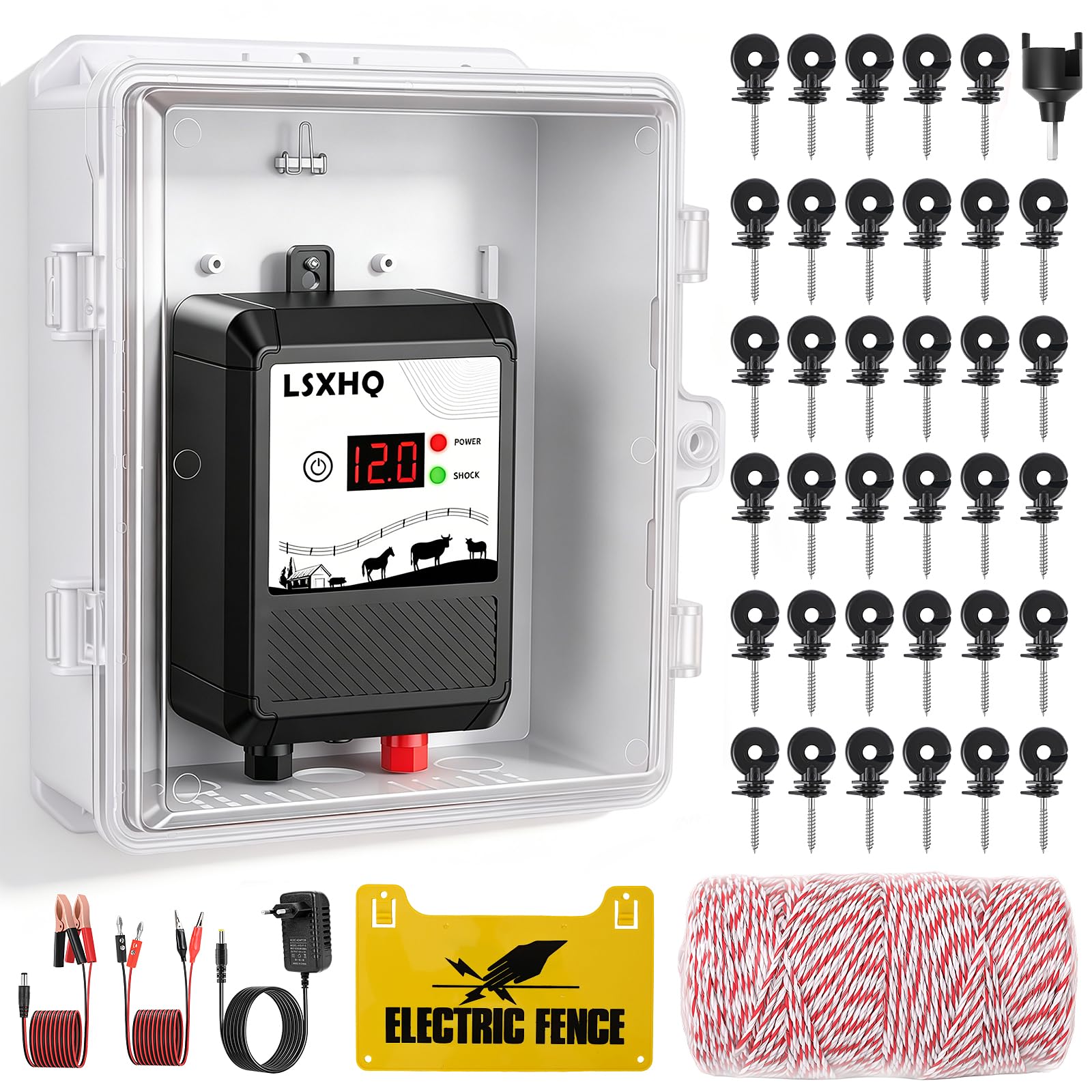 Clôture Électrique 10 km Pour Bétail Et Animaux, Électrificateur 12 kV 2.0 J Avec Câble De Clôture 200 m & 50 Isolateurs Annulaires, Protection Pour Jardin, Pâturage Et Ferme (Kit Noir)