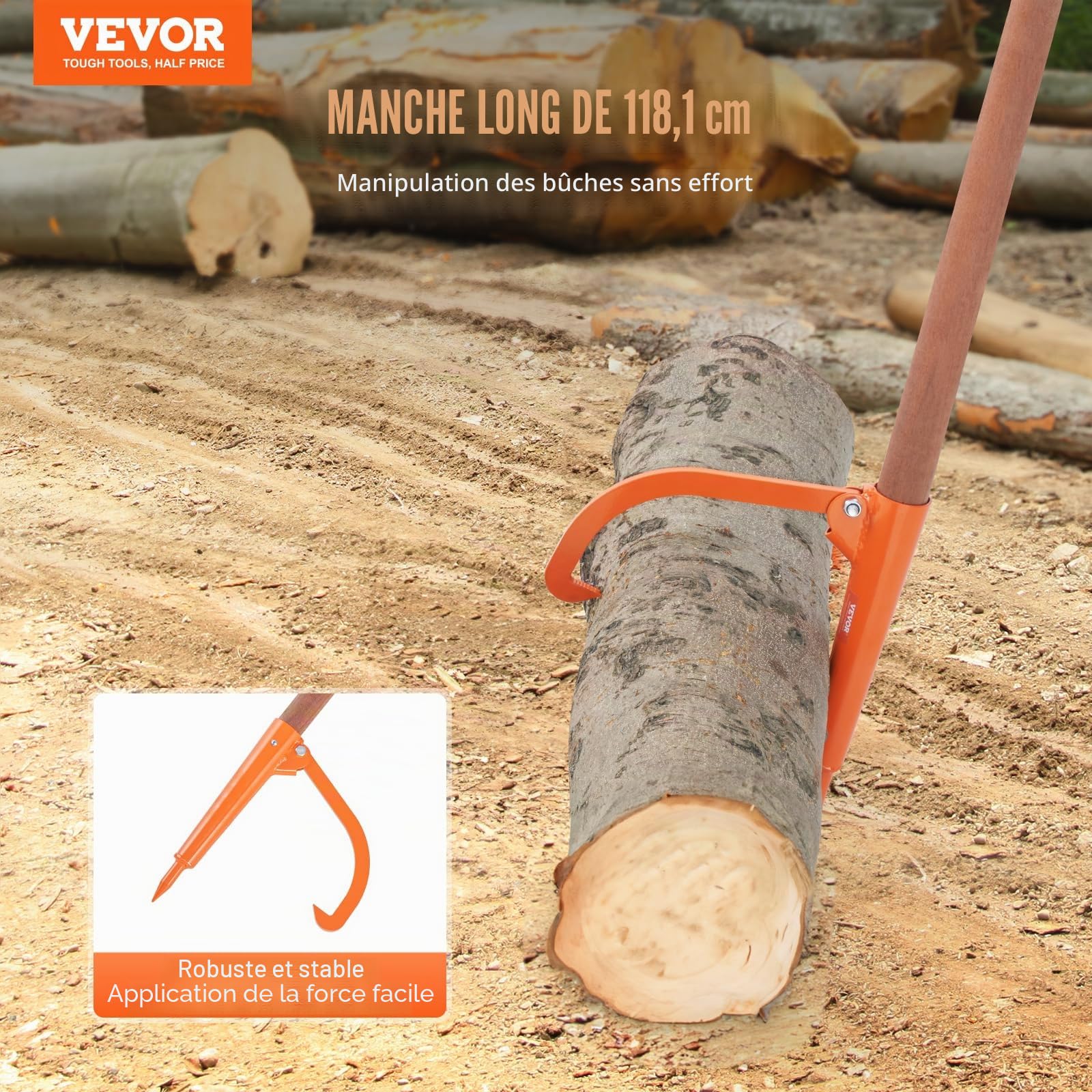 VEVOR Cric à bûches 1180 mm, lève-bûches à Manche en Bois de 45,7 cm, lève-Tronc d'arbre Robuste résistant à la Rouille, Outil d'exploitation forestière, pour Rouler, soulever et Tourner Les bûches
