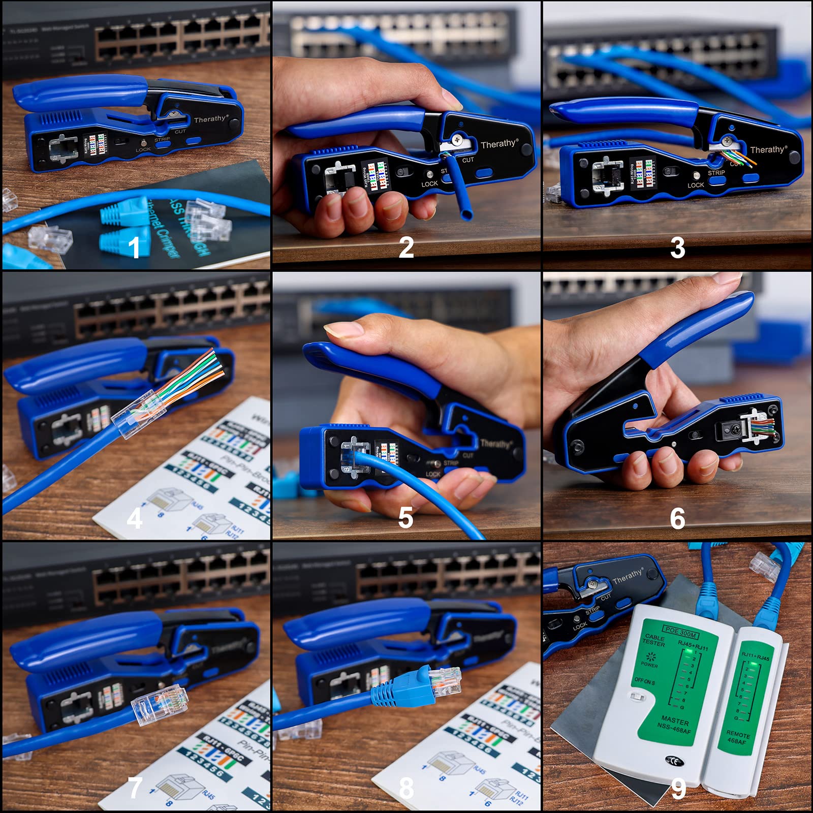 Kit de crimpado RJ45 para pasar a través de Ethernet RJ45, kit de herramientas de crimpado Cat5e Cat6