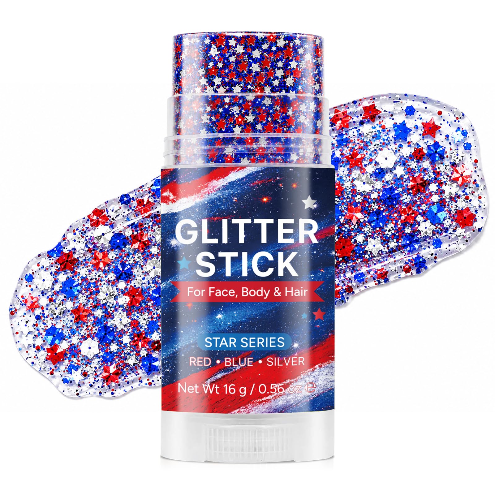 Red Silver Blue Hair Glitter Stick, 4th of July Patriotic America Flag Star Face Body Glitter, Sparkling Face Hair Glitter for Outfits Women Kids, American Flag Makeup for Independence Day