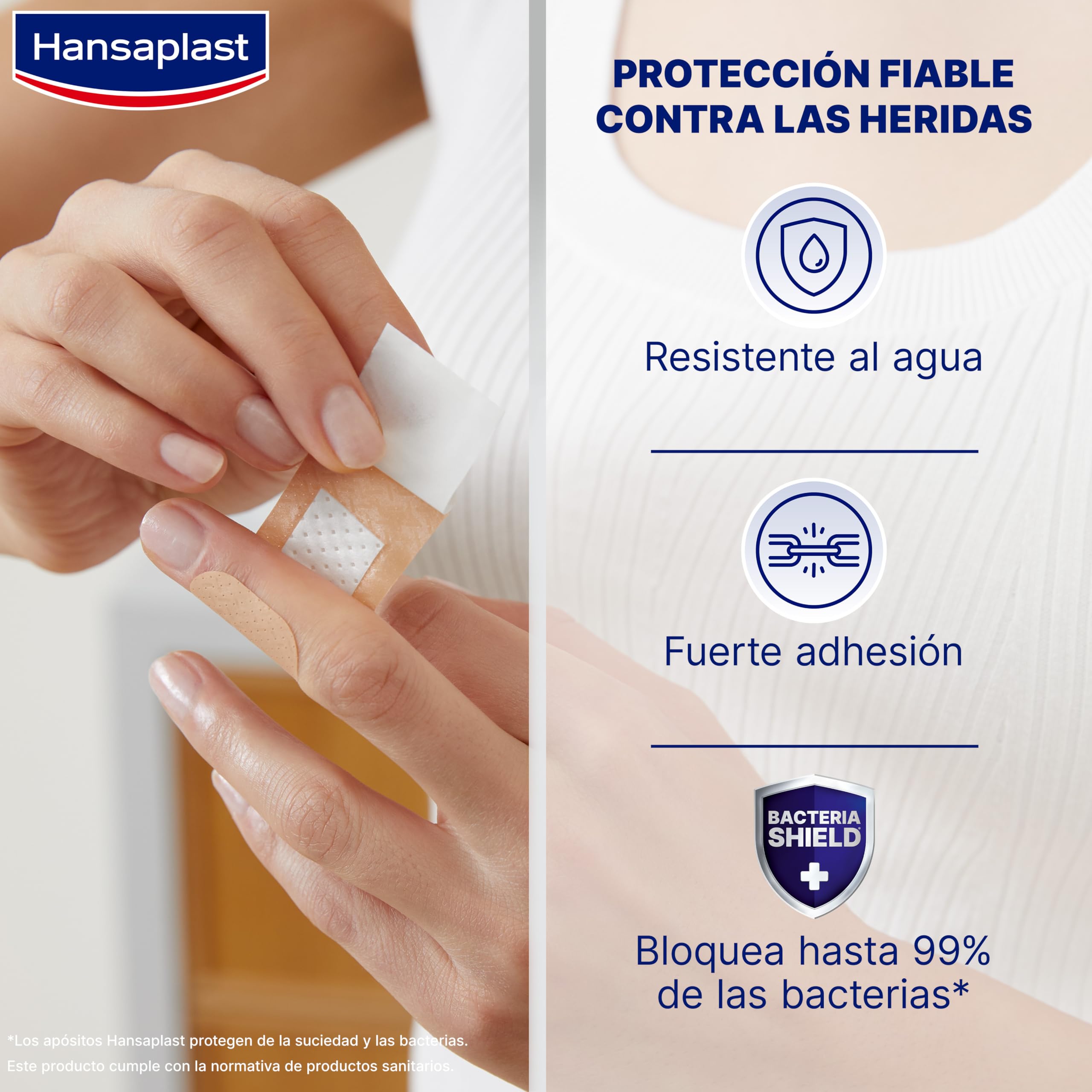 Hansaplast Universal 40 surtido (4 tamaños), apósitos resistentes al agua que repelen la suciedad, apósitos para heridas, tiras adhesivas con Bacteria Shield, 1 x 40 ud
