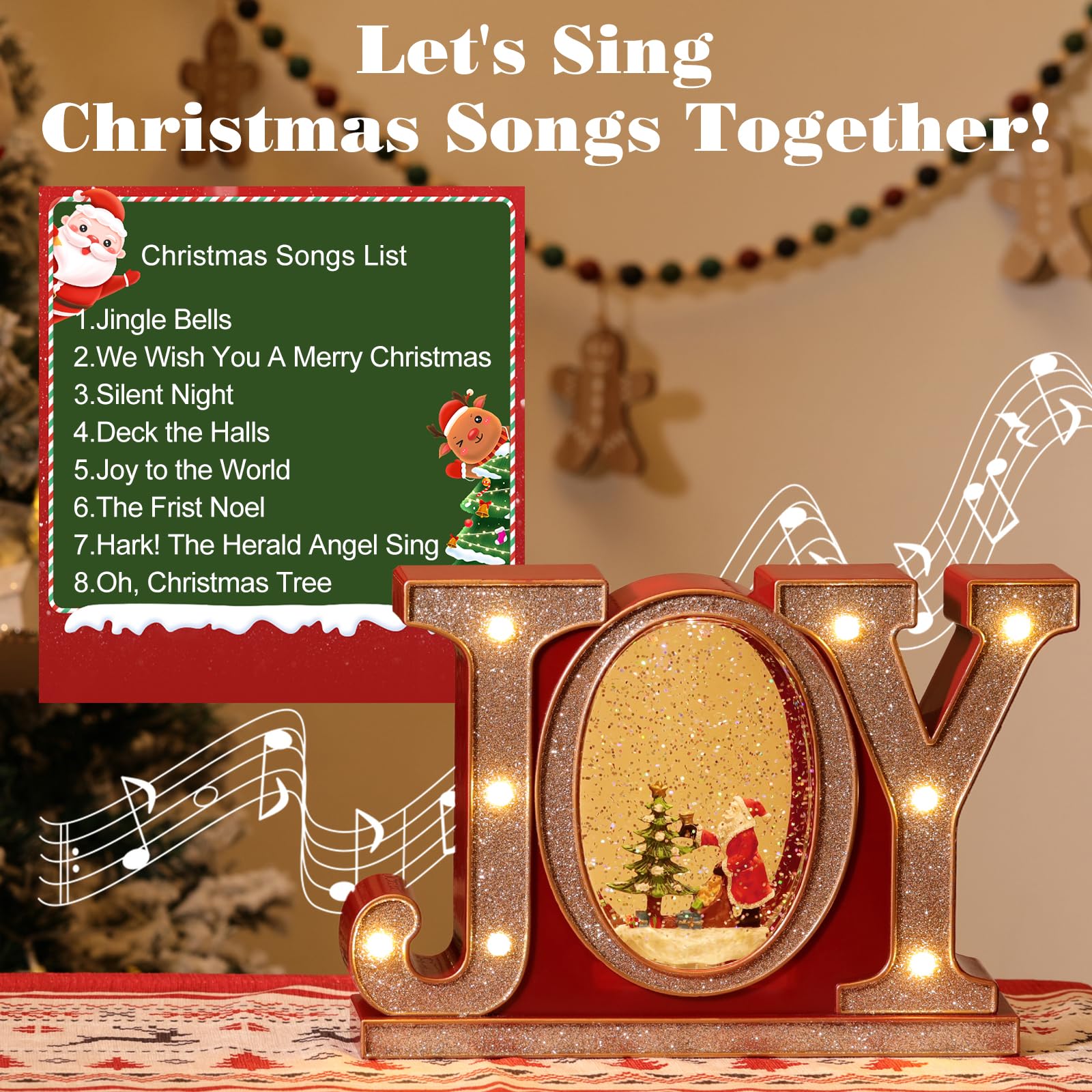 Lewondr Globo di Neve Natalizio con Musica e Luci, Globo di Cristallo Joy con 8 Diverse Canzoni a Tema Natalizio, con Funzione Timer di 6 Ore, Alimentazione USB e a Batteria per Tavolo e Camino, Oro