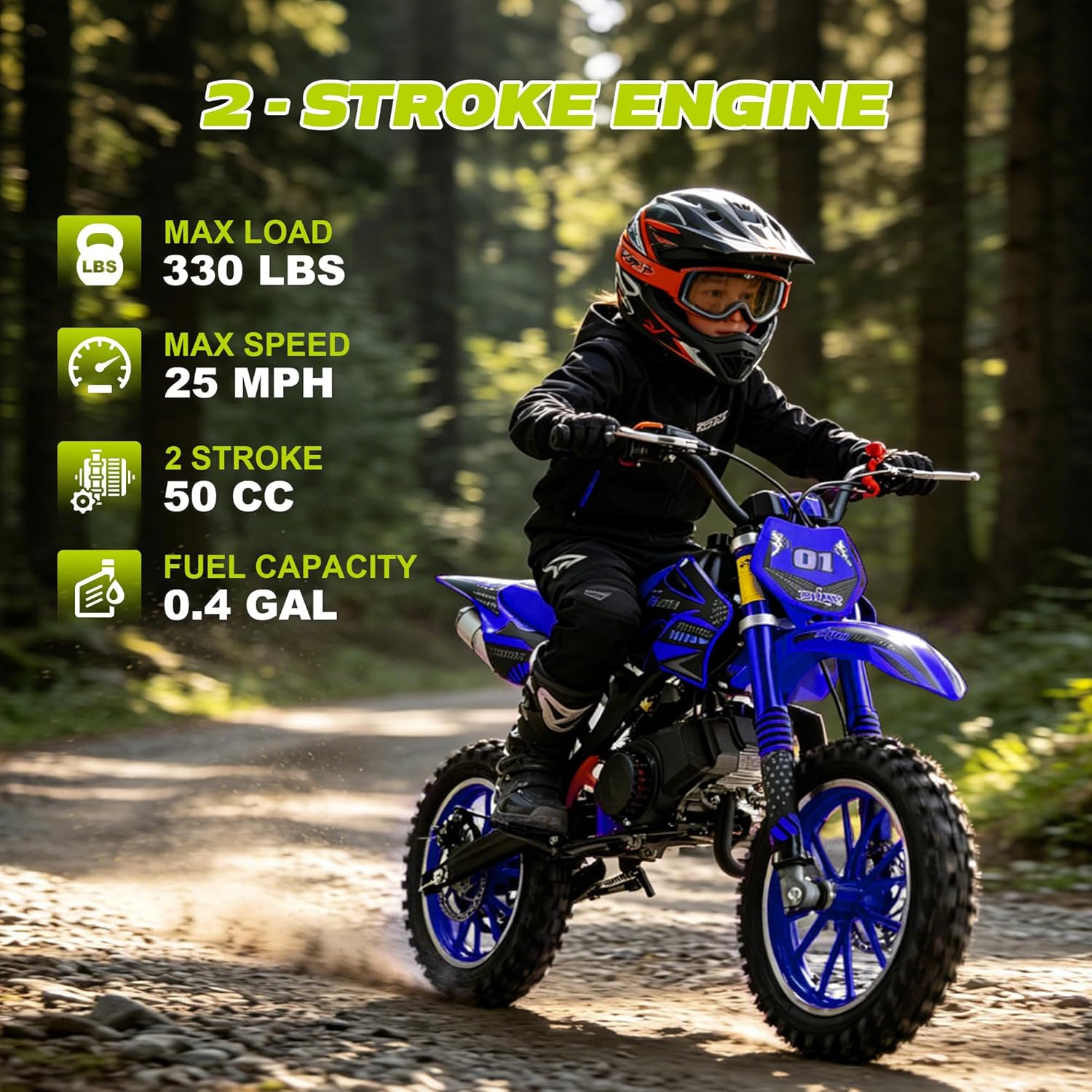 50cc Kids Dirt Bike, 2-Stroke Gas Dirt Bike for Kids 8-14, Upgraded Mini Pit Bike Up to 25 Mph with Dual Disc Brakes, 10 Inches Off-Road Tires and Front & Rear Absorption（Blue）