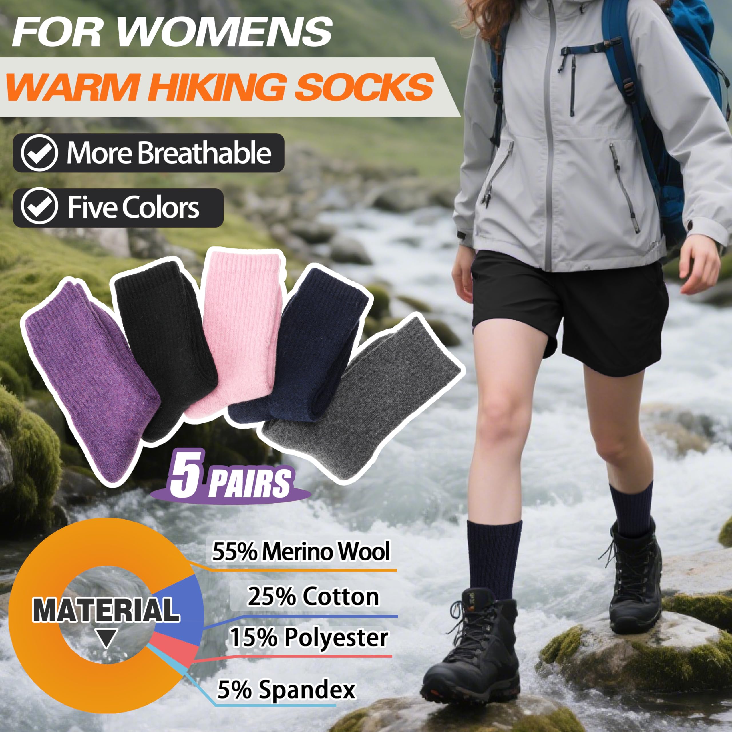 Sandsuced 5 Pack Merino Wool Boot Hiking Socks for Women Warm Winter Thick Thermal Cozy Work Soft Ladies Socks, Solid Color C, One Size 3