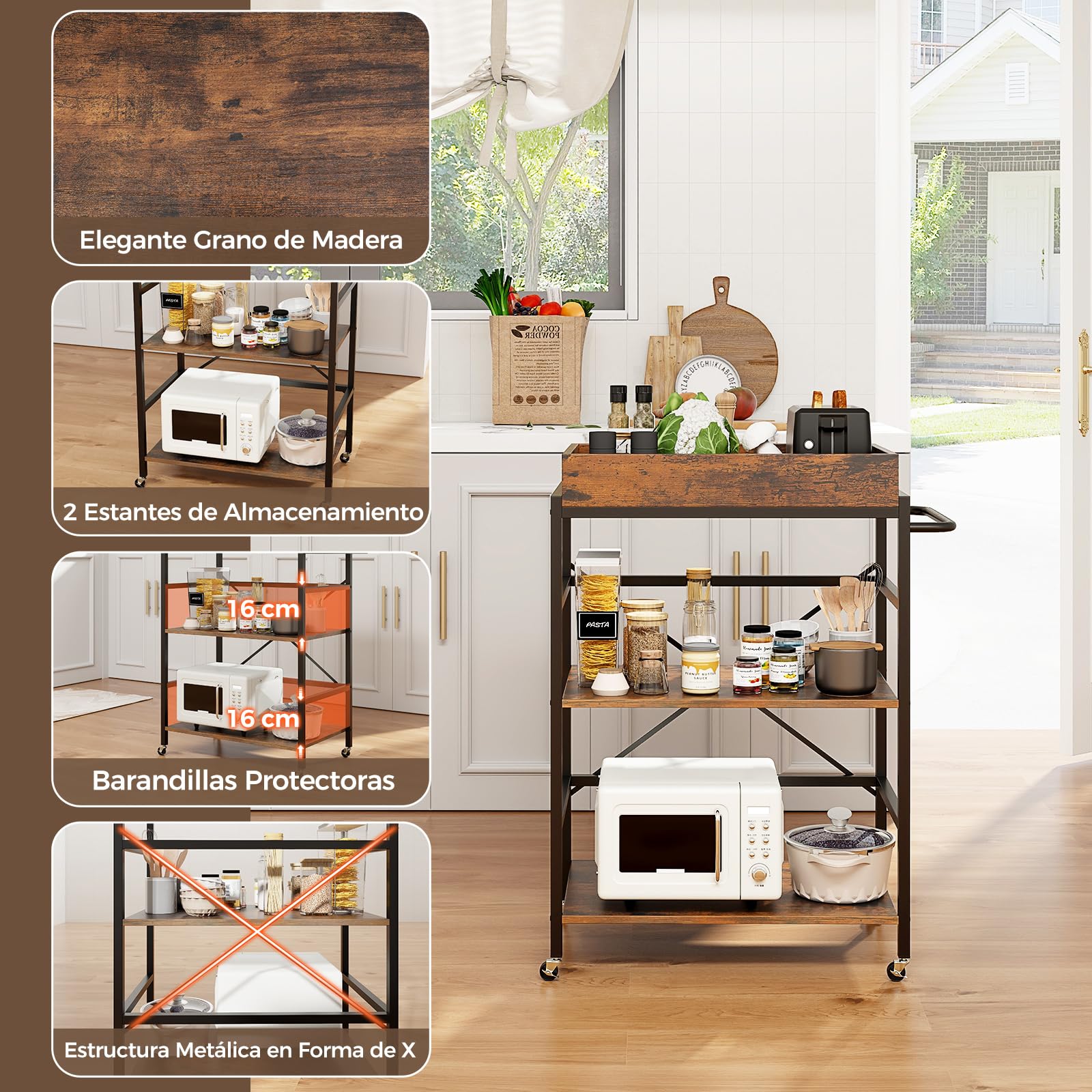 COSTWAY Carrito de Servicio de 3 Niveles, Carrito Móvil Industrial con Bandeja Desmontable, 4 Ruedas Bloqueables y 1 Asa Práctica, Barandillas Protectoras, Carrito Cocina para Bares, Restaurantes