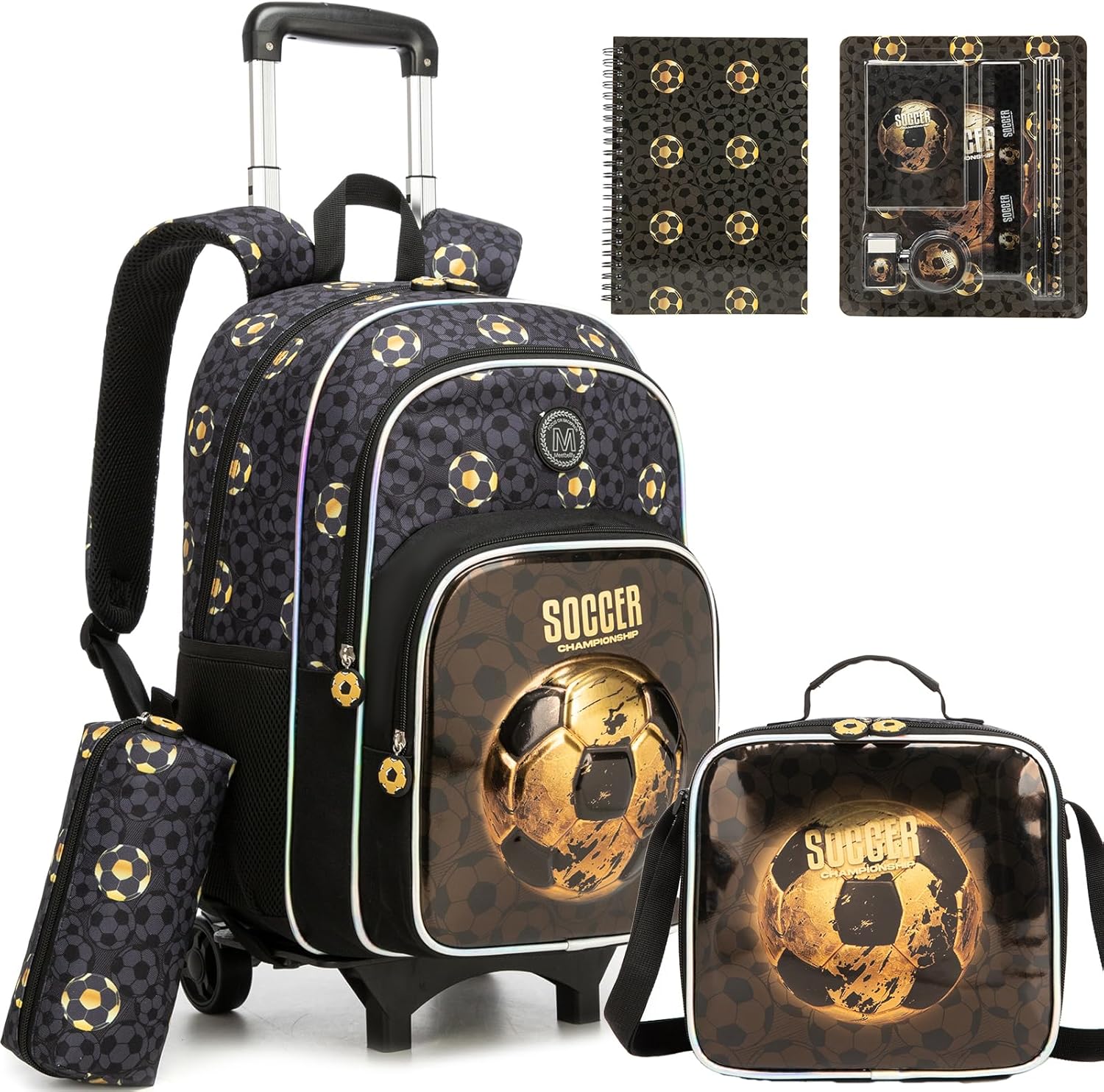 Kids Rolling Backpack for Boys 8-12 Soccer Backpack with Wheels for Boys Roller Backpacks for School Carry On Luggage with Wheels for Elementary Back to School Supplies Birthday Gift