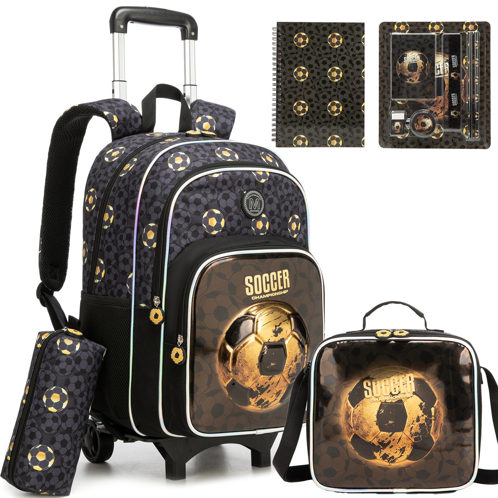 HTgroce Schulrucksack Trolley Jungen Fußball – 5-Teiliges Set Schulranzen mit Rollen – Inkl. Lunchtasche, Federmäppchen, Tagebuch & Schreibwaren – Einschulung