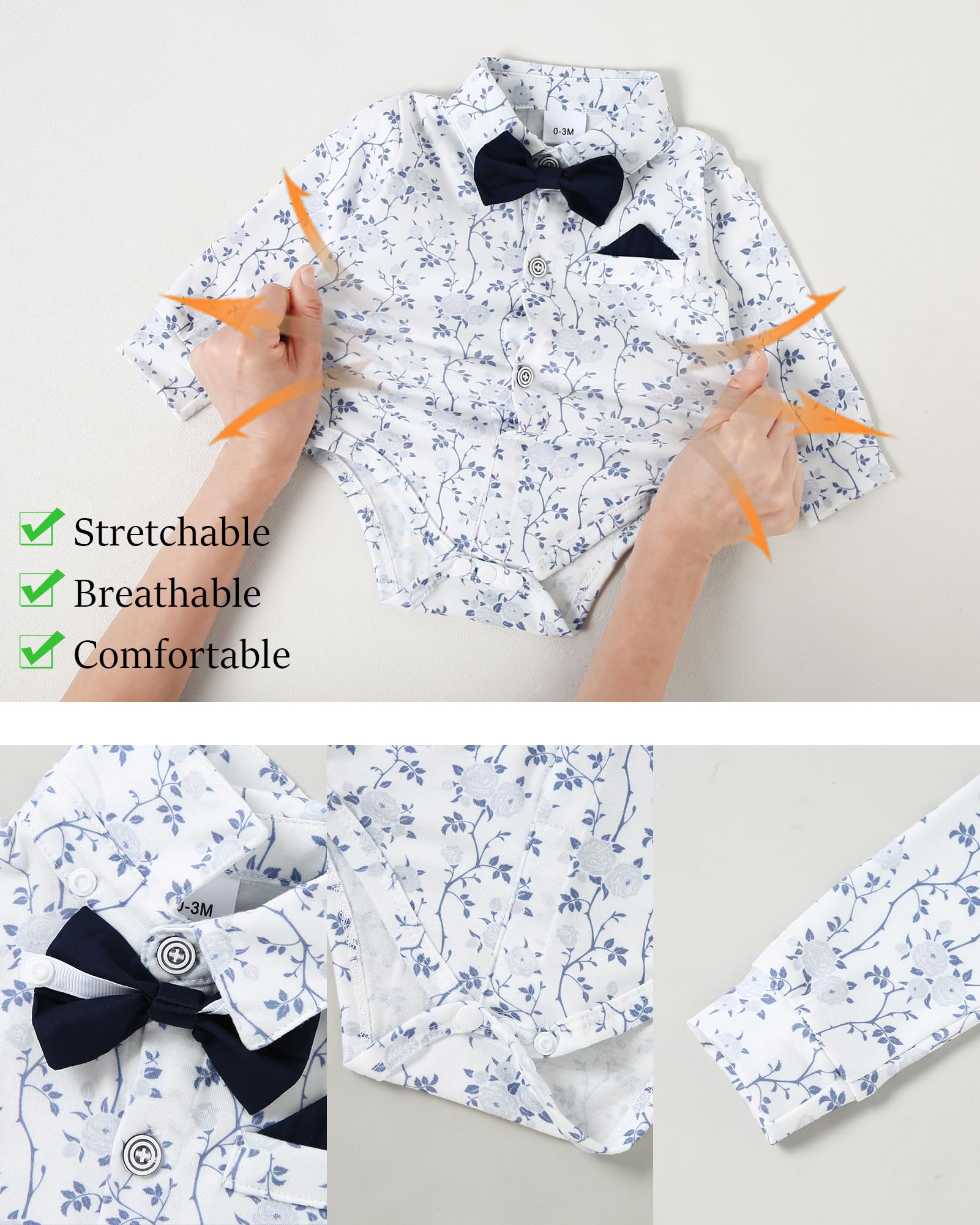 WESIDOM Conjunto de ropa para bebé niño de 0 a 18 meses, camisa, corbatín, boina, pantalones con tirantes, floral, azul marino, 12-18 meses, Floral+azul marino, 12-18 Months