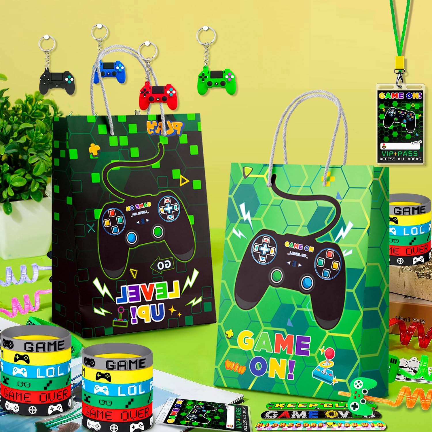 Bomboniere Videogiochi Feste di Compleanno, 110pcs Set di Gaming Festa Bomboniere Includere Sacchetti Regalo per Videogiochi Portachiavi Adesivi Braccialetti etc Regalo a Tema di Gioco per Bambini