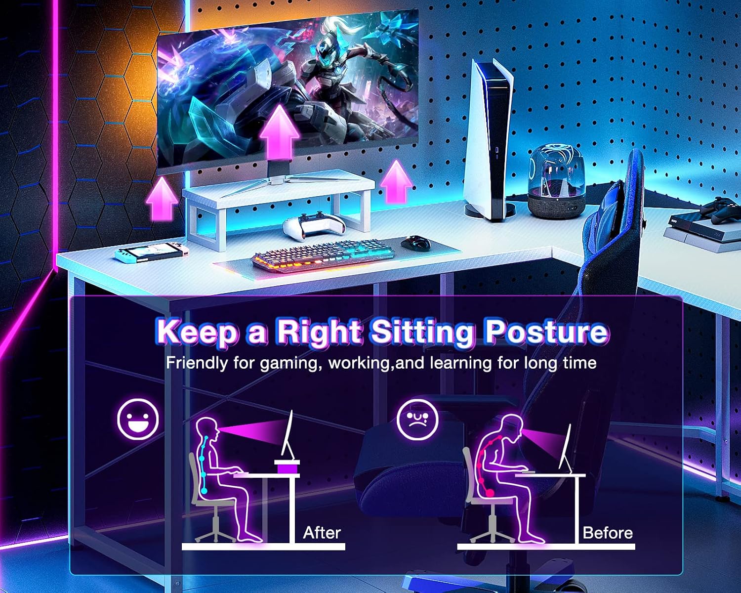 Diagram illustrating correct and incorrect sitting postures at a desk